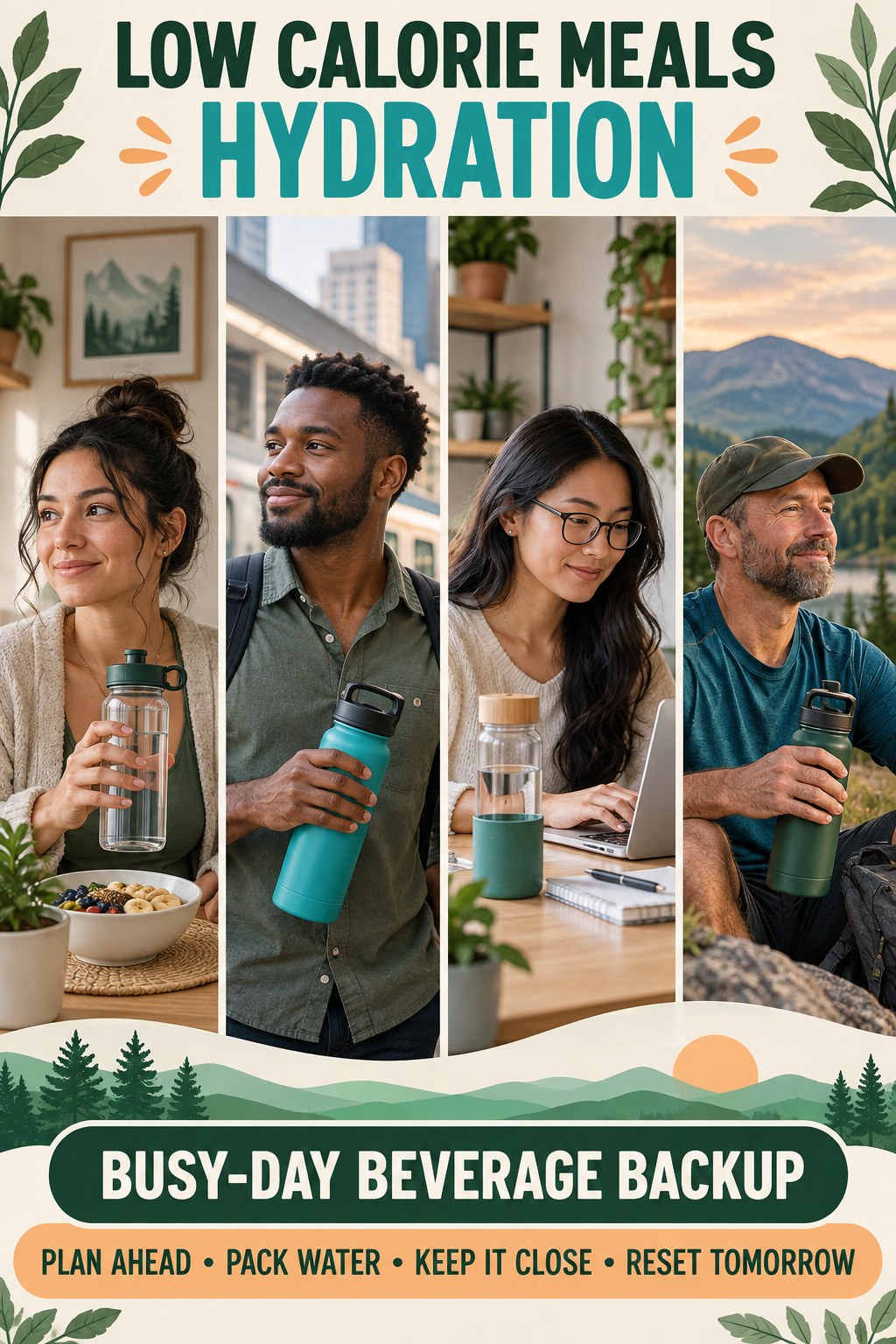 Low Calorie Meals hydration graphic titled Busy-Day Beverage Backup with four flexible water-habit prompts and no fixed intake target.