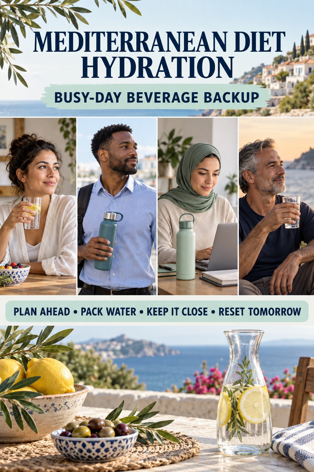 Mediterranean Diet hydration graphic titled Busy-Day Beverage Backup with four flexible water-habit prompts and no fixed intake target.
