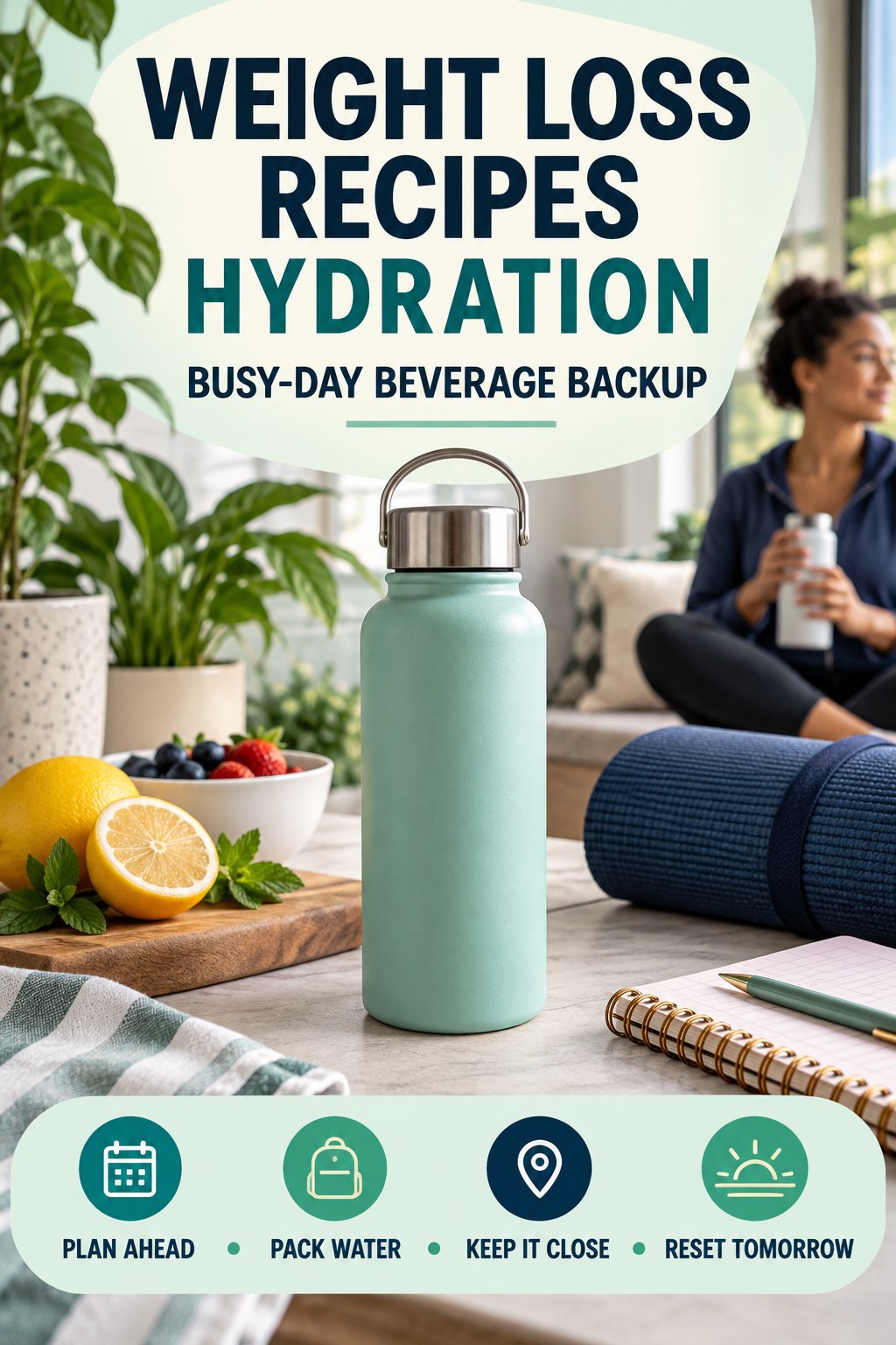 Weight Loss Recipes hydration graphic titled Busy-Day Beverage Backup with four flexible water-habit prompts and no fixed intake target.