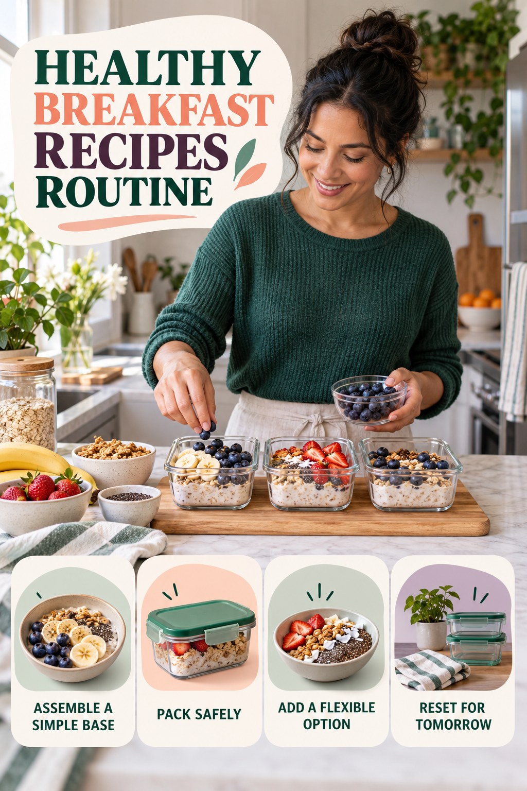 Busy-Day Lunch Wellness Routine for Healthy Breakfast Recipes with four readable routine cues and a realistic board-relevant wellness scene.