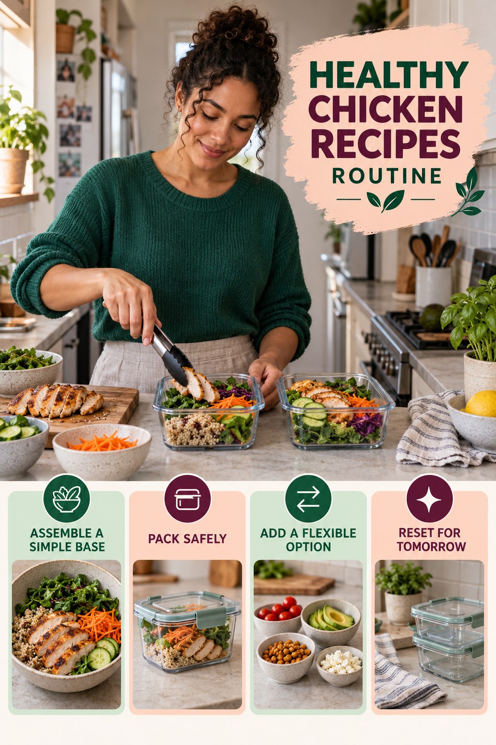 Busy-Day Lunch Wellness Routine for Healthy Chicken Recipes with four readable routine cues and a realistic board-relevant wellness scene.