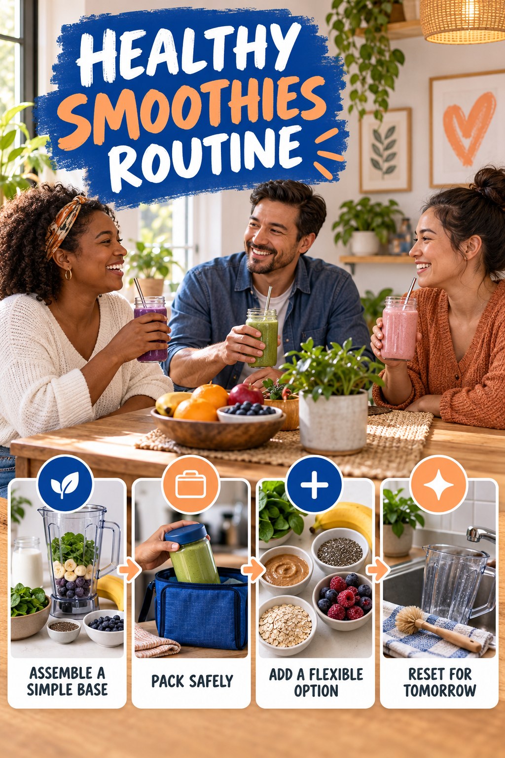 Busy-Day Lunch Wellness Routine for Healthy Smoothies with four readable routine cues and a realistic board-relevant wellness scene.