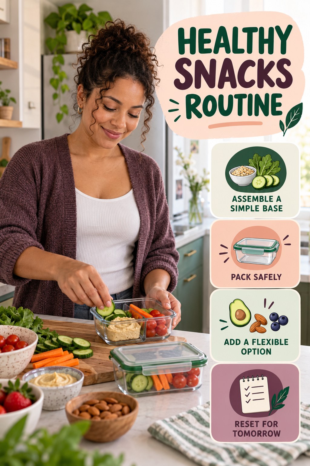 Busy-Day Lunch Wellness Routine for Healthy Snacks with four readable routine cues and a realistic board-relevant wellness scene.
