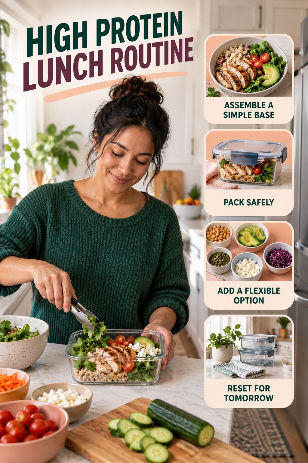 Busy-Day Lunch Wellness Routine for High Protein Lunch with four readable routine cues and a realistic board-relevant wellness scene.