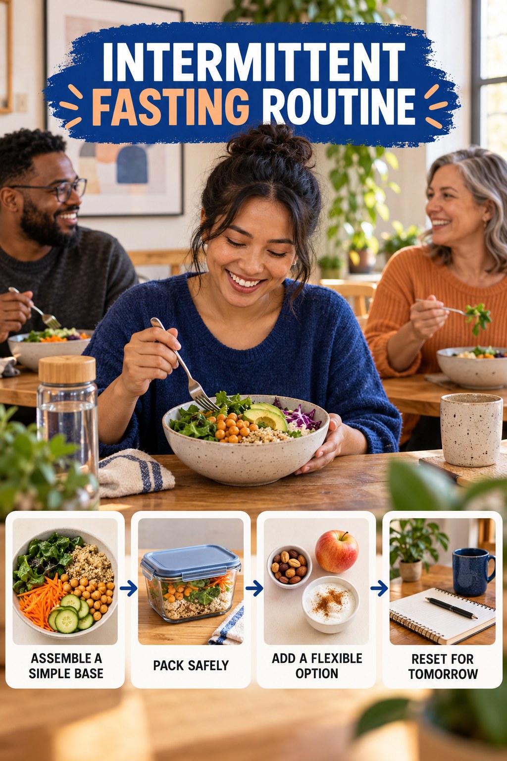 Busy-Day Lunch Wellness Routine for Intermittent Fasting with four readable routine cues and a realistic board-relevant wellness scene.