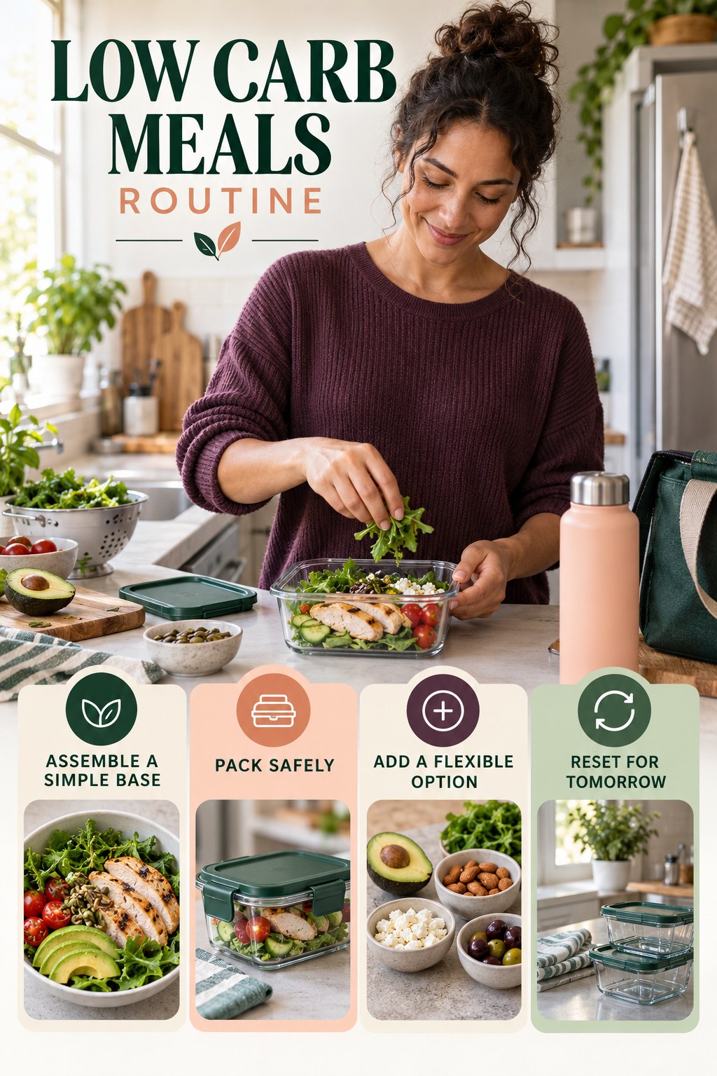 Busy-Day Lunch Wellness Routine for Low Carb Meals with four readable routine cues and a realistic board-relevant wellness scene.