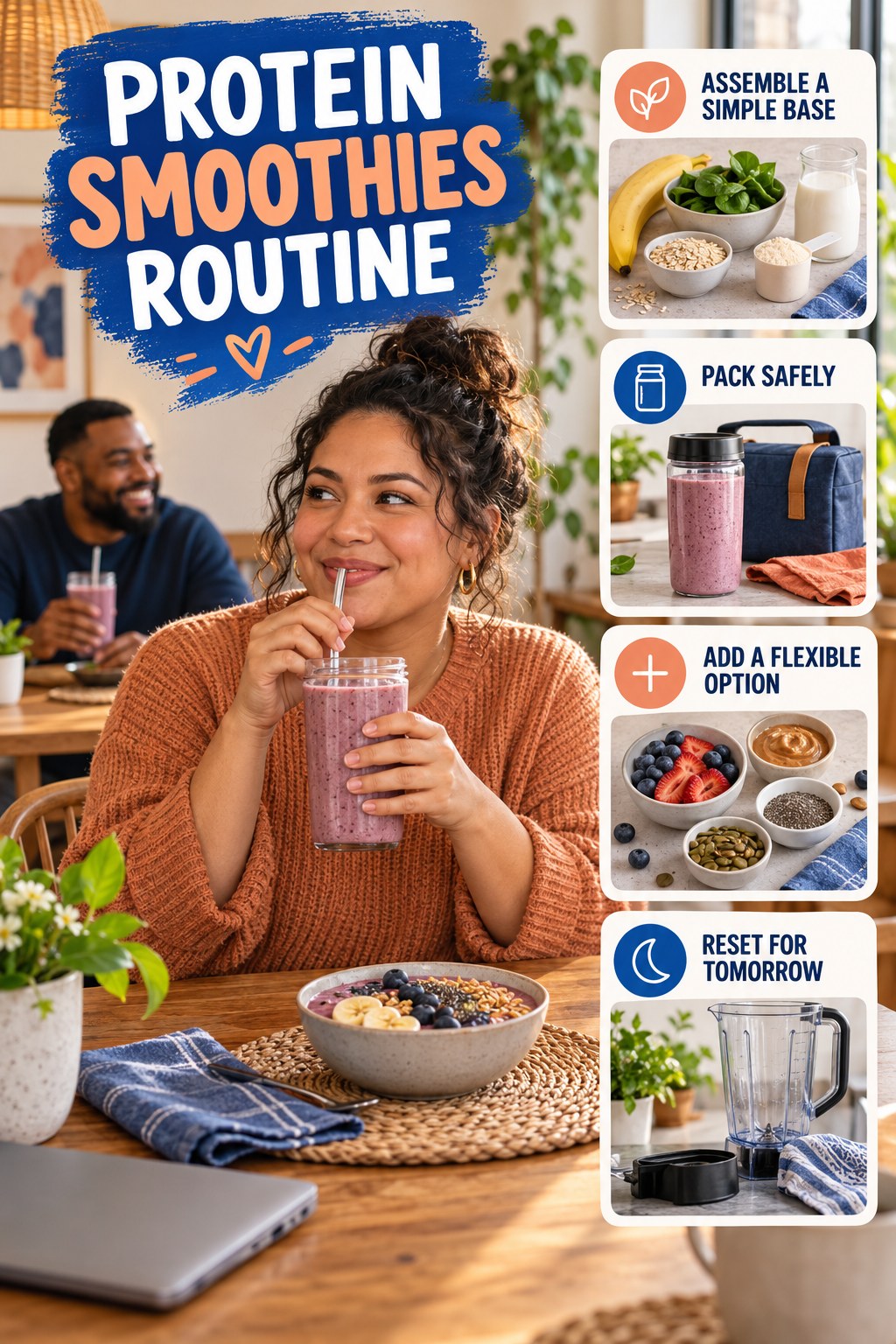 Busy-Day Lunch Wellness Routine for Protein Smoothies with four readable routine cues and a realistic board-relevant wellness scene.