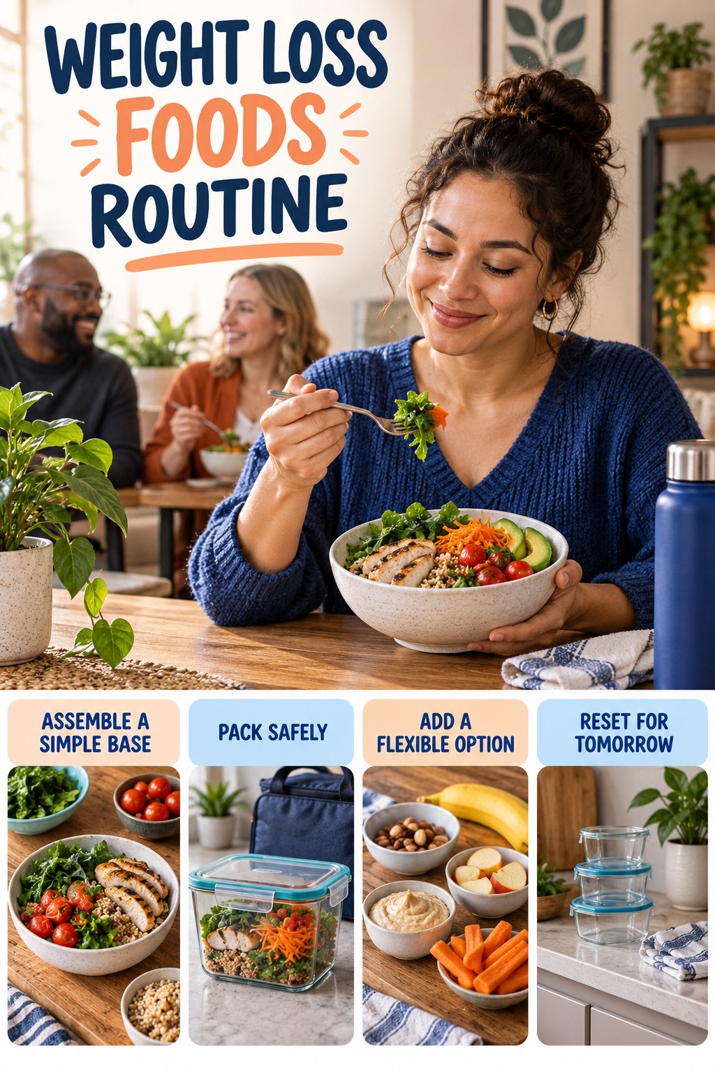 Busy-Day Lunch Wellness Routine for Weight Loss Foods with four readable routine cues and a realistic board-relevant wellness scene.