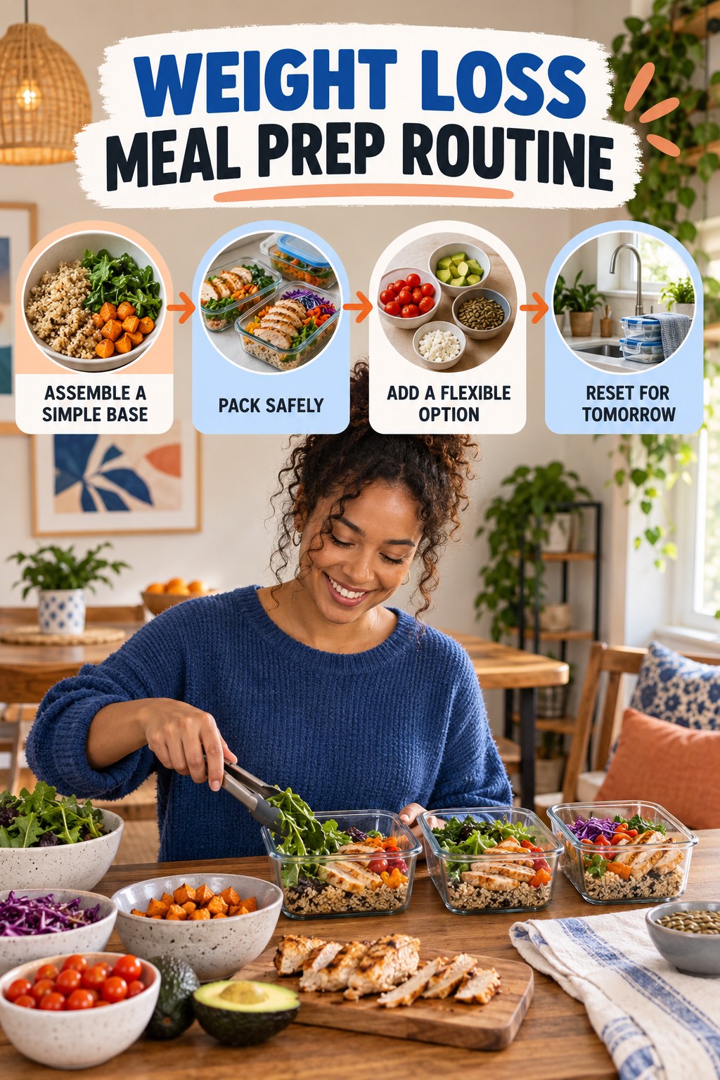 Busy-Day Lunch Wellness Routine for Weight Loss Meal Prep with four readable routine cues and a realistic board-relevant wellness scene.