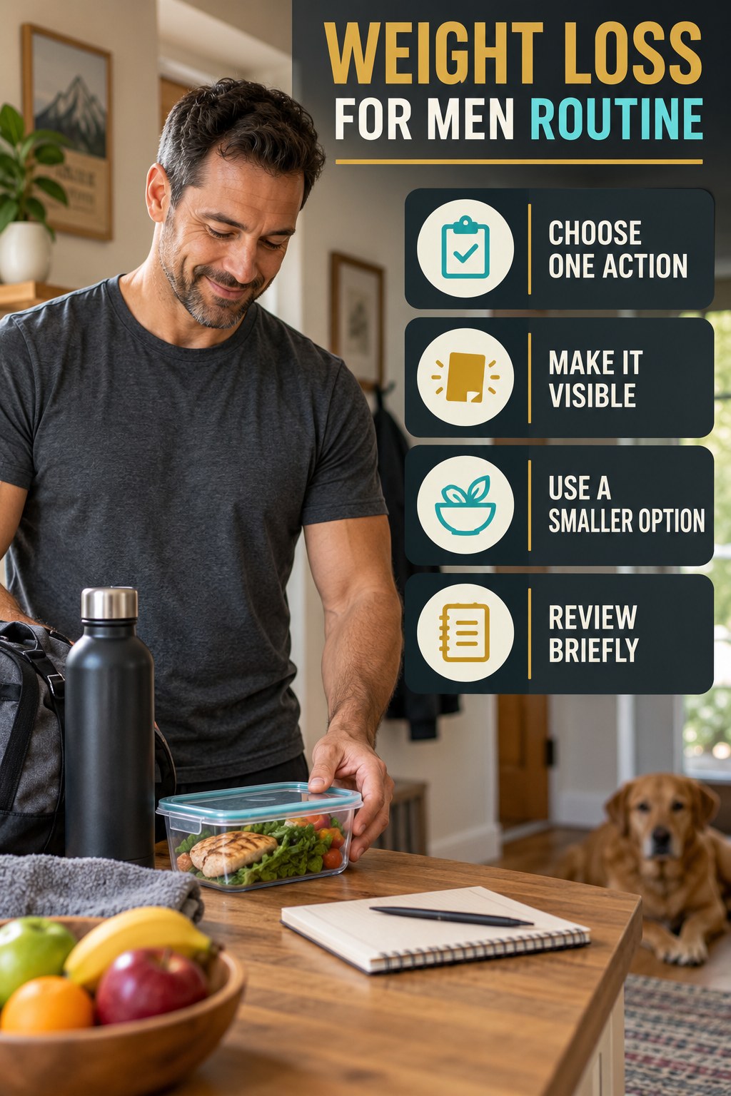 Busy-Day Wellness Routine for Weight Loss for Men with four readable routine cues and a realistic board-relevant wellness scene.