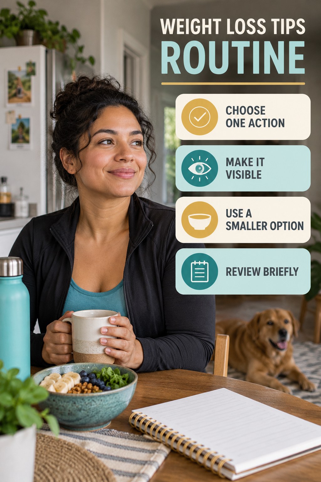 Busy-Day Wellness Routine for Weight Loss Tips with four readable routine cues and a realistic board-relevant wellness scene.