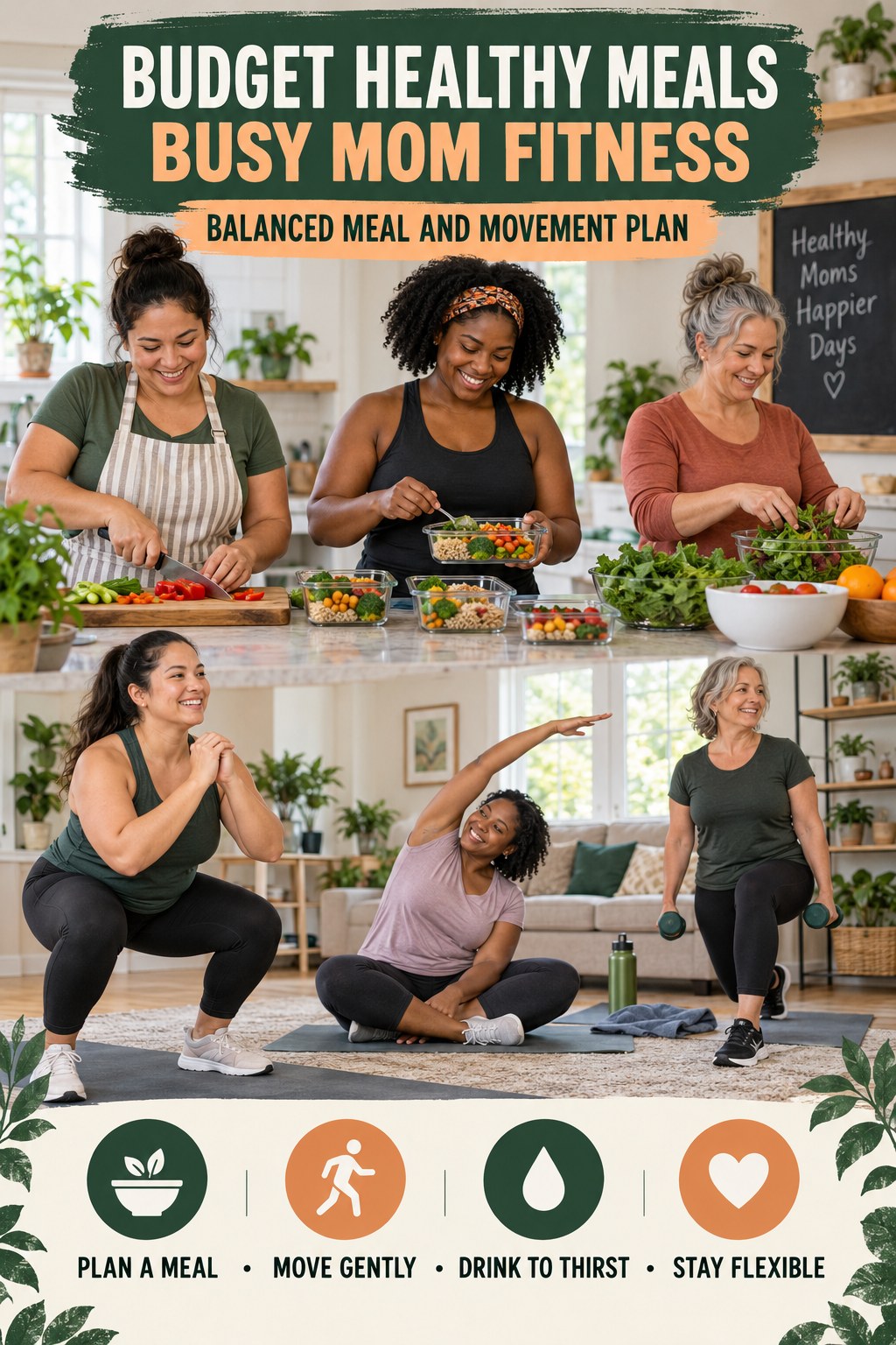 Budget Healthy Meals busy-mom fitness graphic titled Balanced Meal and Movement Plan with four practical movement prompts.