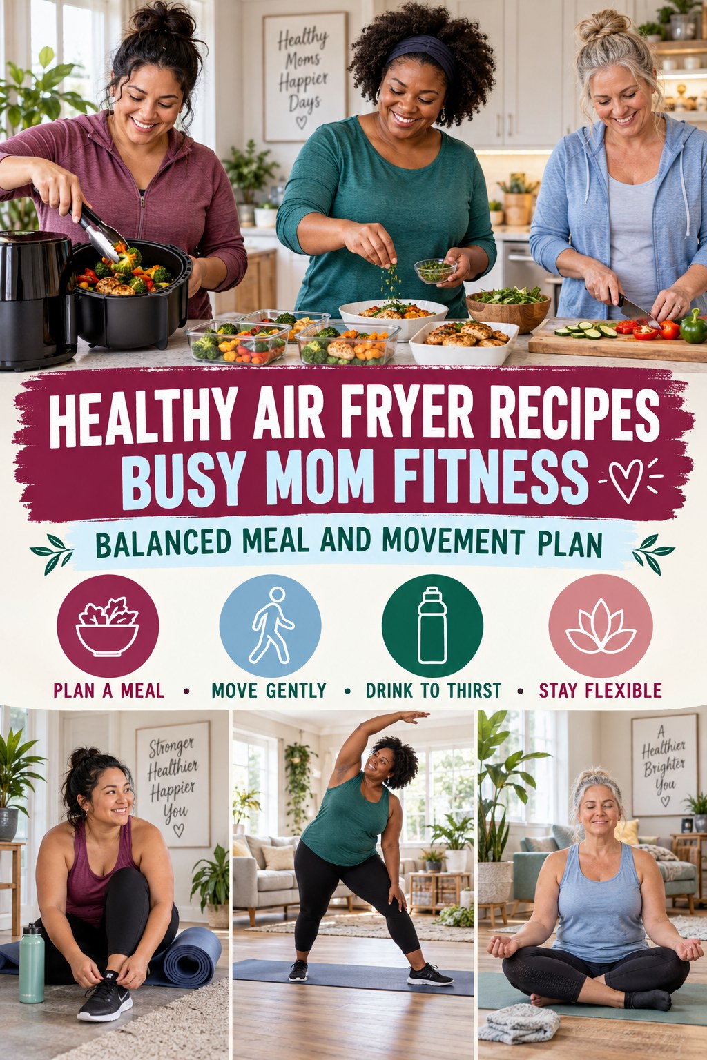 Healthy Air Fryer Recipes busy-mom fitness graphic titled Balanced Meal and Movement Plan with four practical movement prompts.