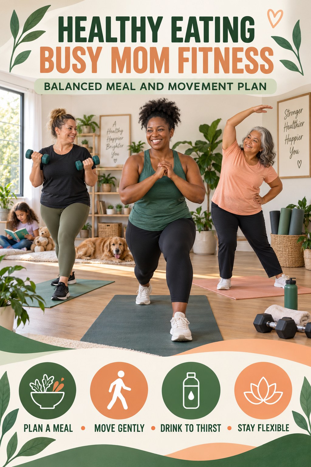 Healthy Eating busy-mom fitness graphic titled Balanced Meal and Movement Plan with four practical movement prompts.