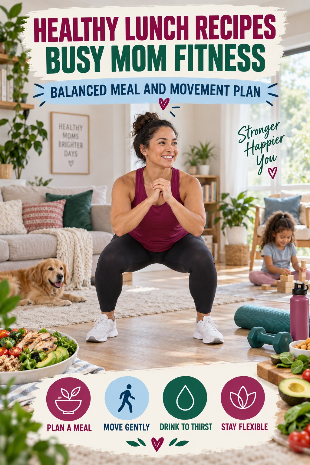 Healthy Lunch Recipes busy-mom fitness graphic titled Balanced Meal and Movement Plan with four practical movement prompts.