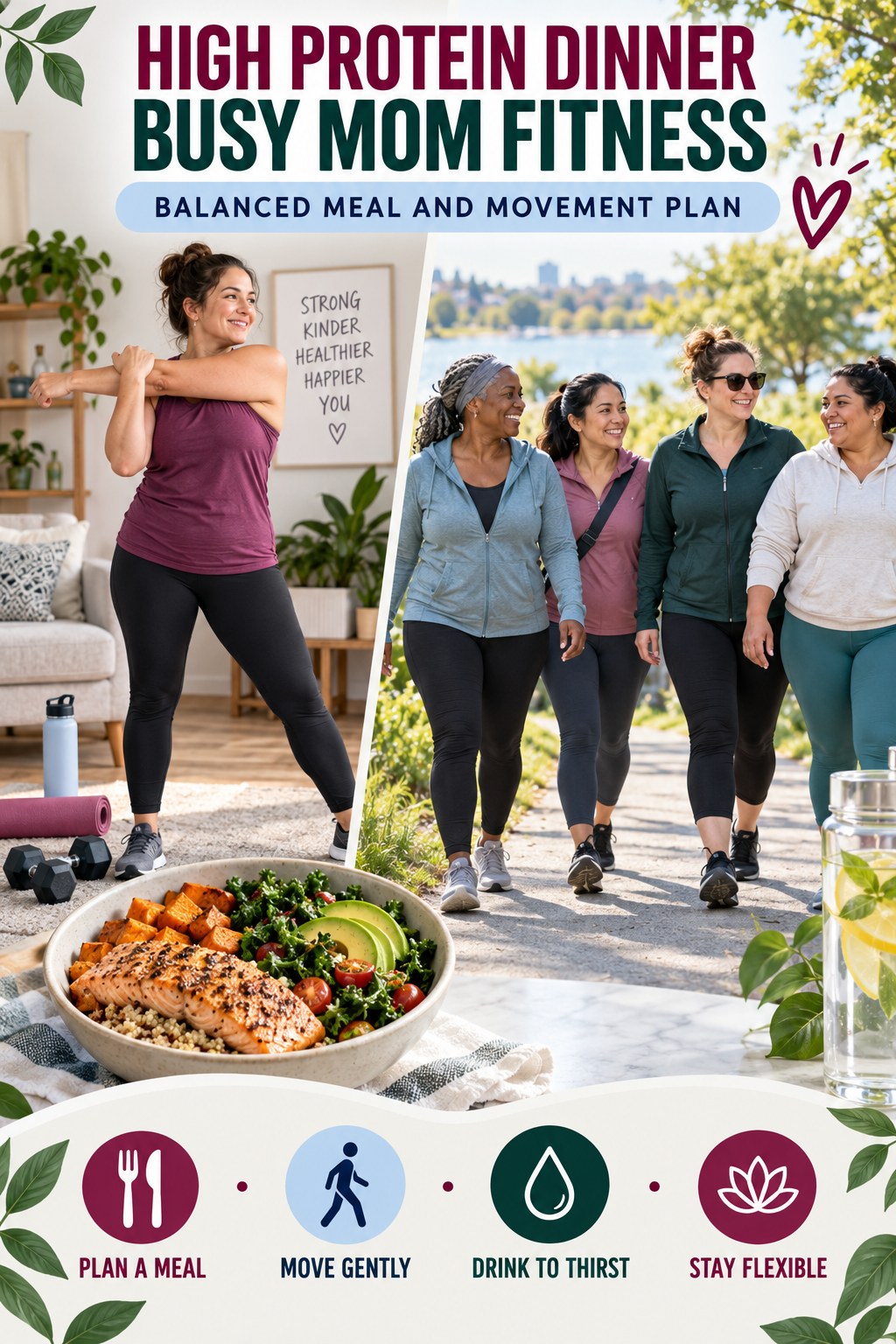 High Protein Dinner busy-mom fitness graphic titled Balanced Meal and Movement Plan with four practical movement prompts.