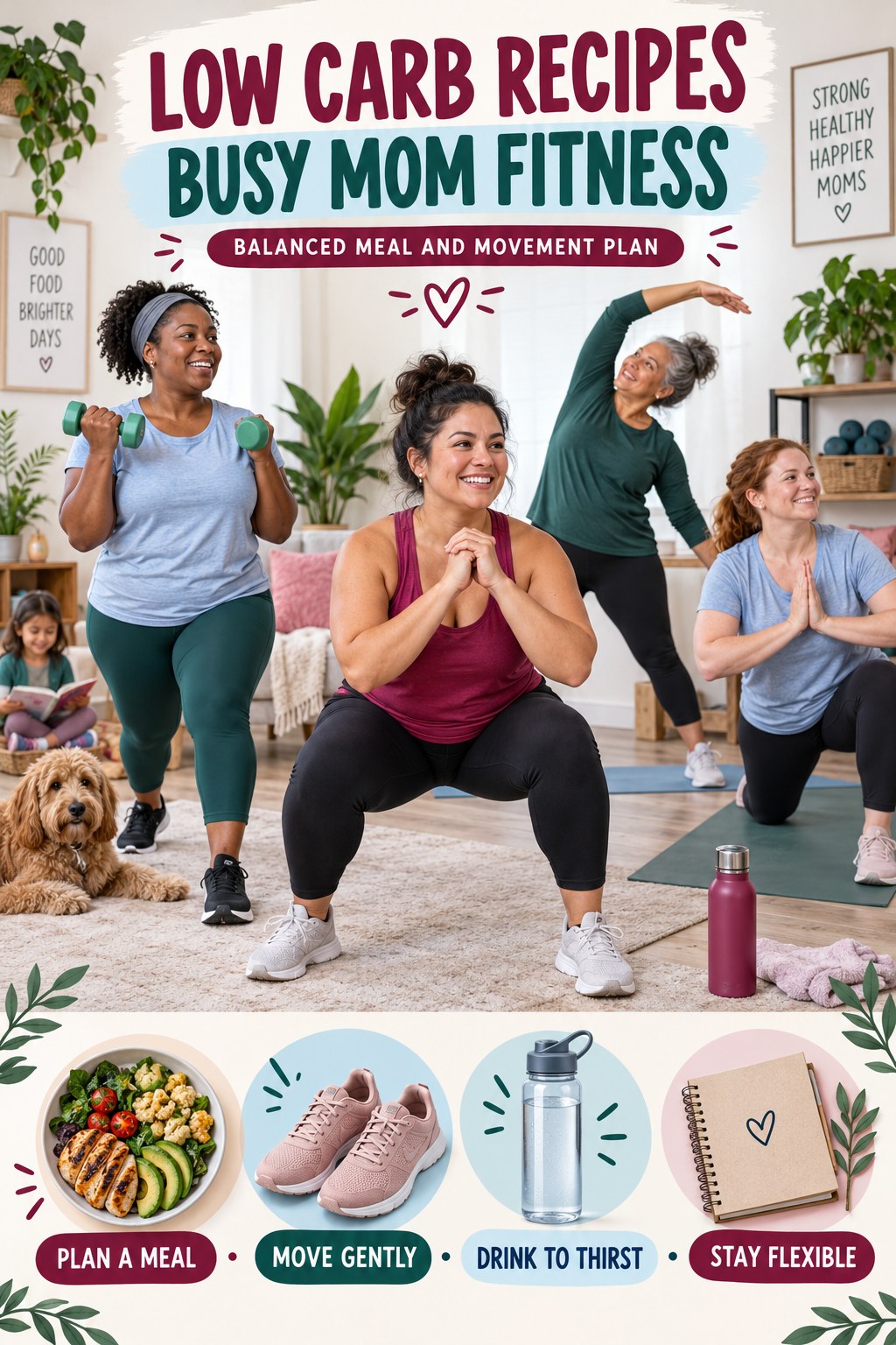 Low Carb Recipes busy-mom fitness graphic titled Balanced Meal and Movement Plan with four practical movement prompts.