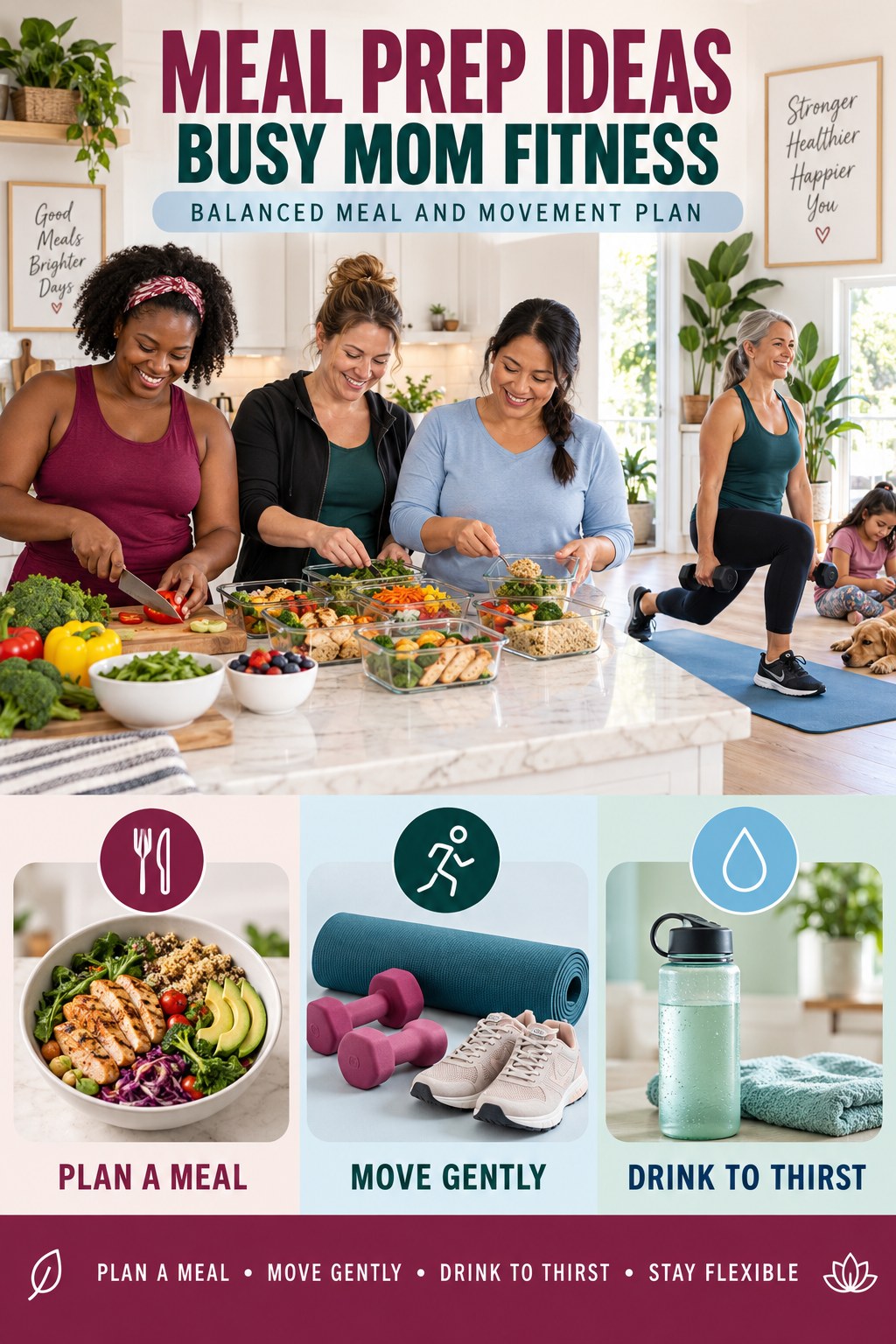 Meal Prep Ideas busy-mom fitness graphic titled Balanced Meal and Movement Plan with four practical movement prompts.