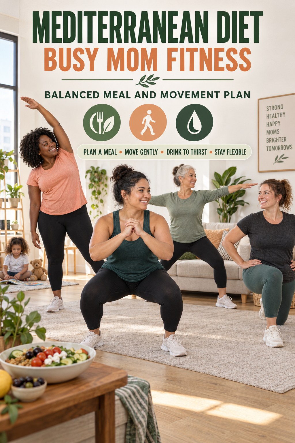 Mediterranean Diet busy-mom fitness graphic titled Balanced Meal and Movement Plan with four practical movement prompts.