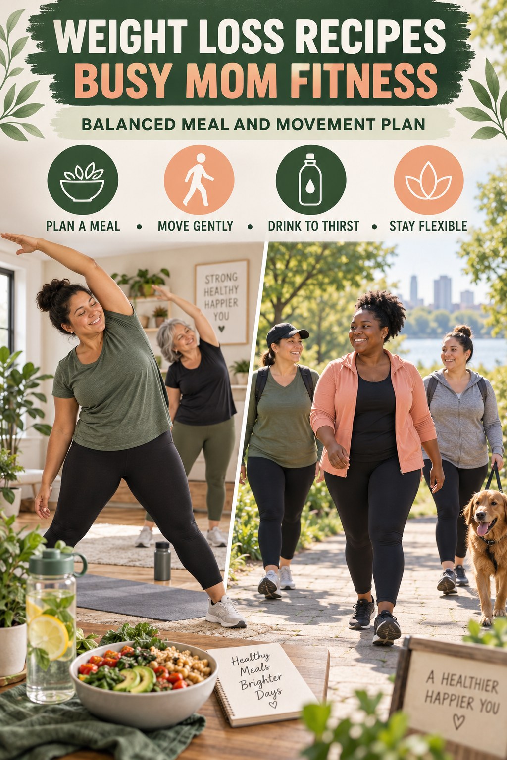 Weight Loss Recipes busy-mom fitness graphic titled Balanced Meal and Movement Plan with four practical movement prompts.