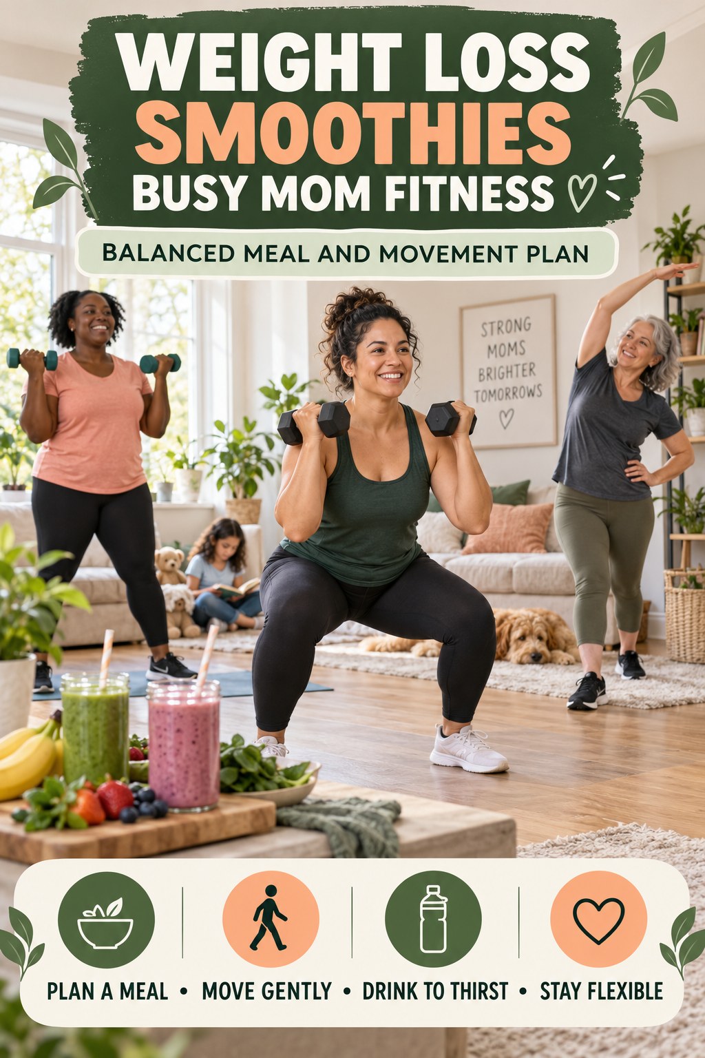 Weight Loss Smoothies busy-mom fitness graphic titled Balanced Meal and Movement Plan with four practical movement prompts.