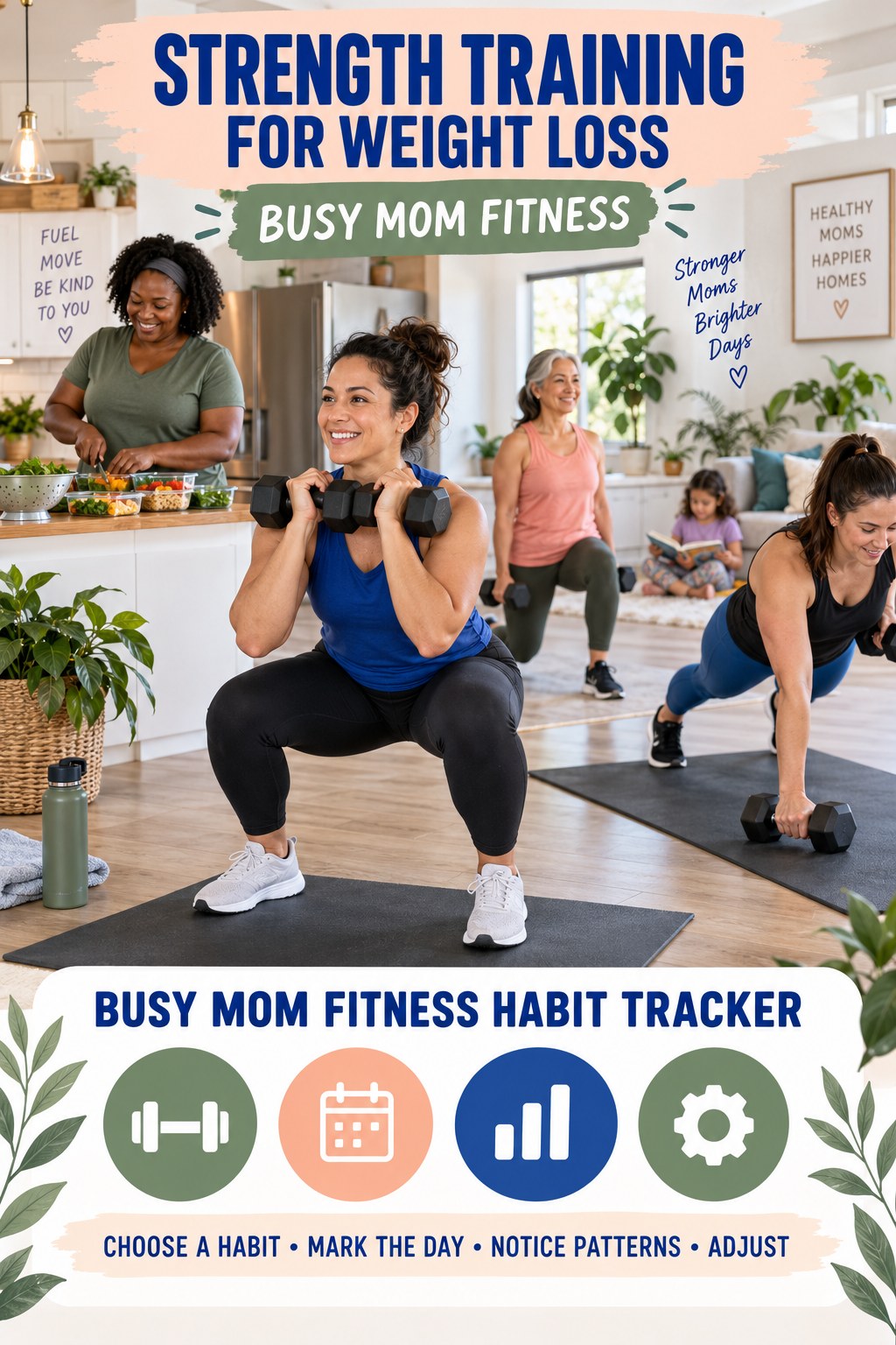 Strength Training for Weight Loss busy-mom fitness graphic titled Busy Mom Fitness Habit Tracker with four practical movement prompts.