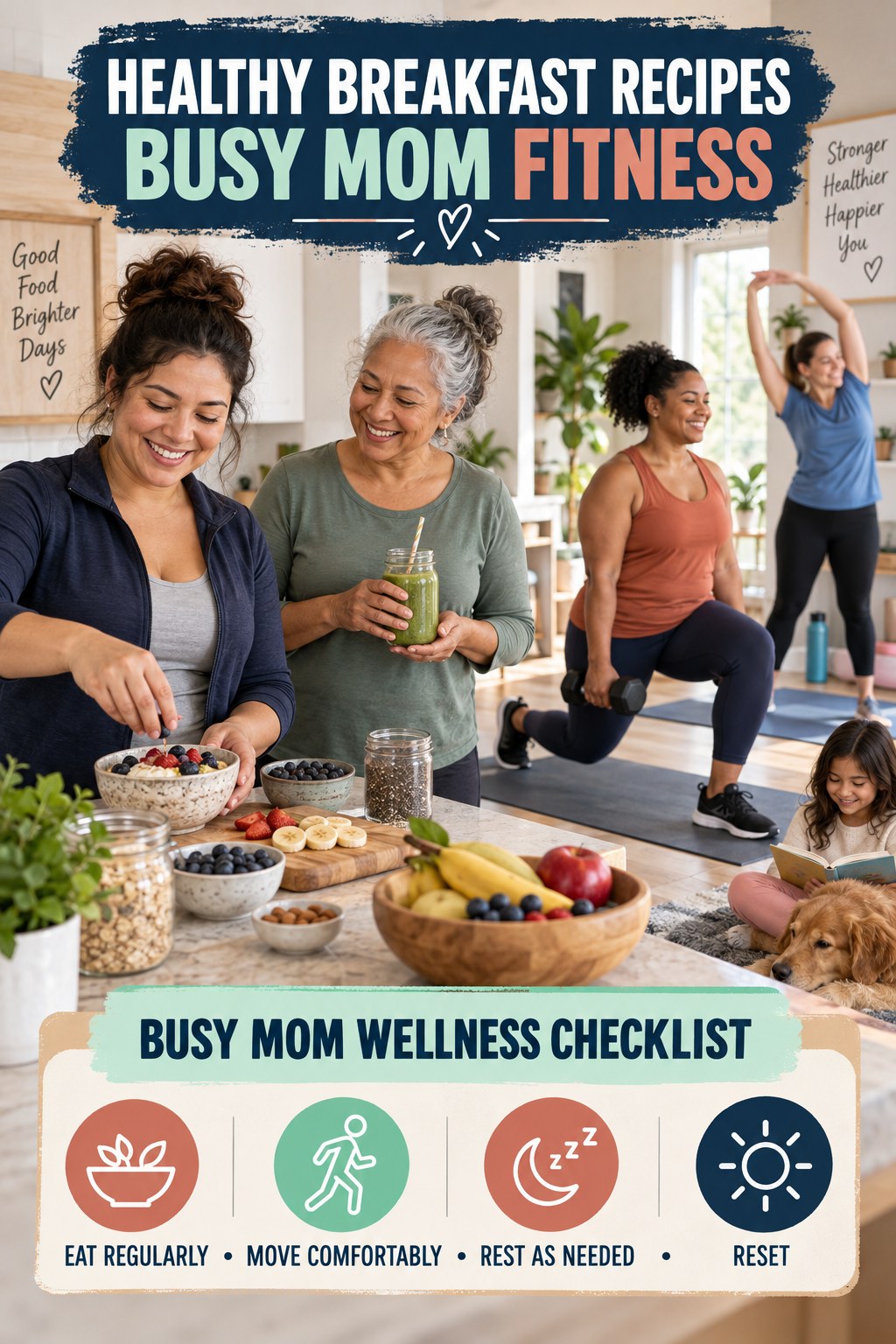 Healthy Breakfast Recipes busy-mom fitness graphic titled Busy Mom Wellness Checklist with four practical movement prompts.