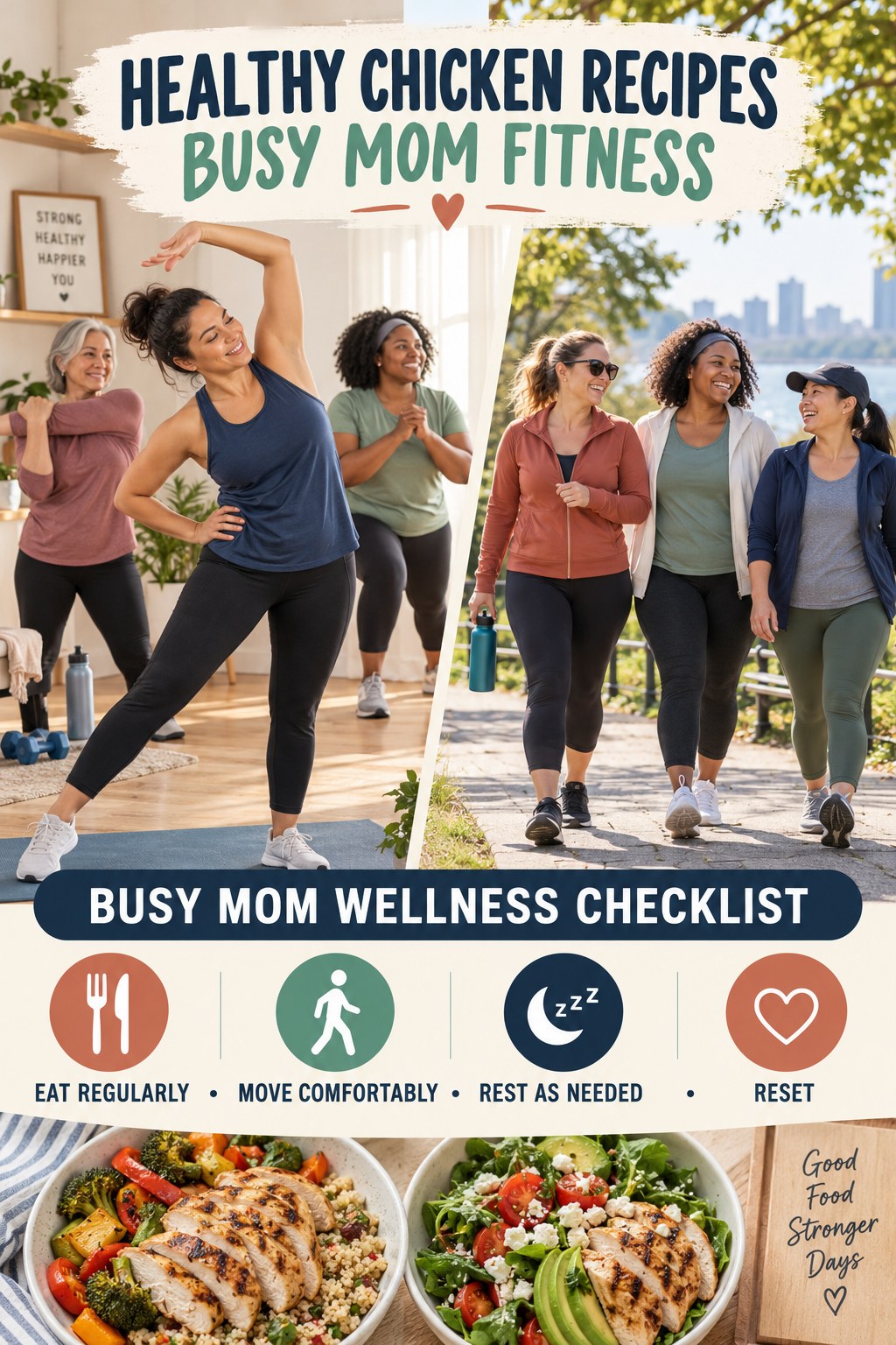 Healthy Chicken Recipes busy-mom fitness graphic titled Busy Mom Wellness Checklist with four practical movement prompts.