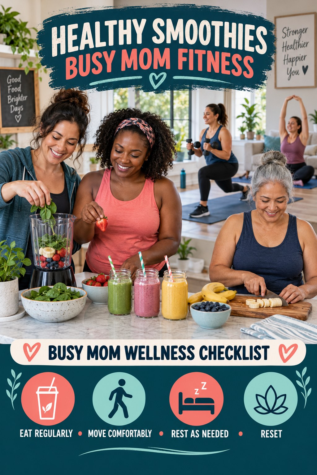 Healthy Smoothies busy-mom fitness graphic titled Busy Mom Wellness Checklist with four practical movement prompts.