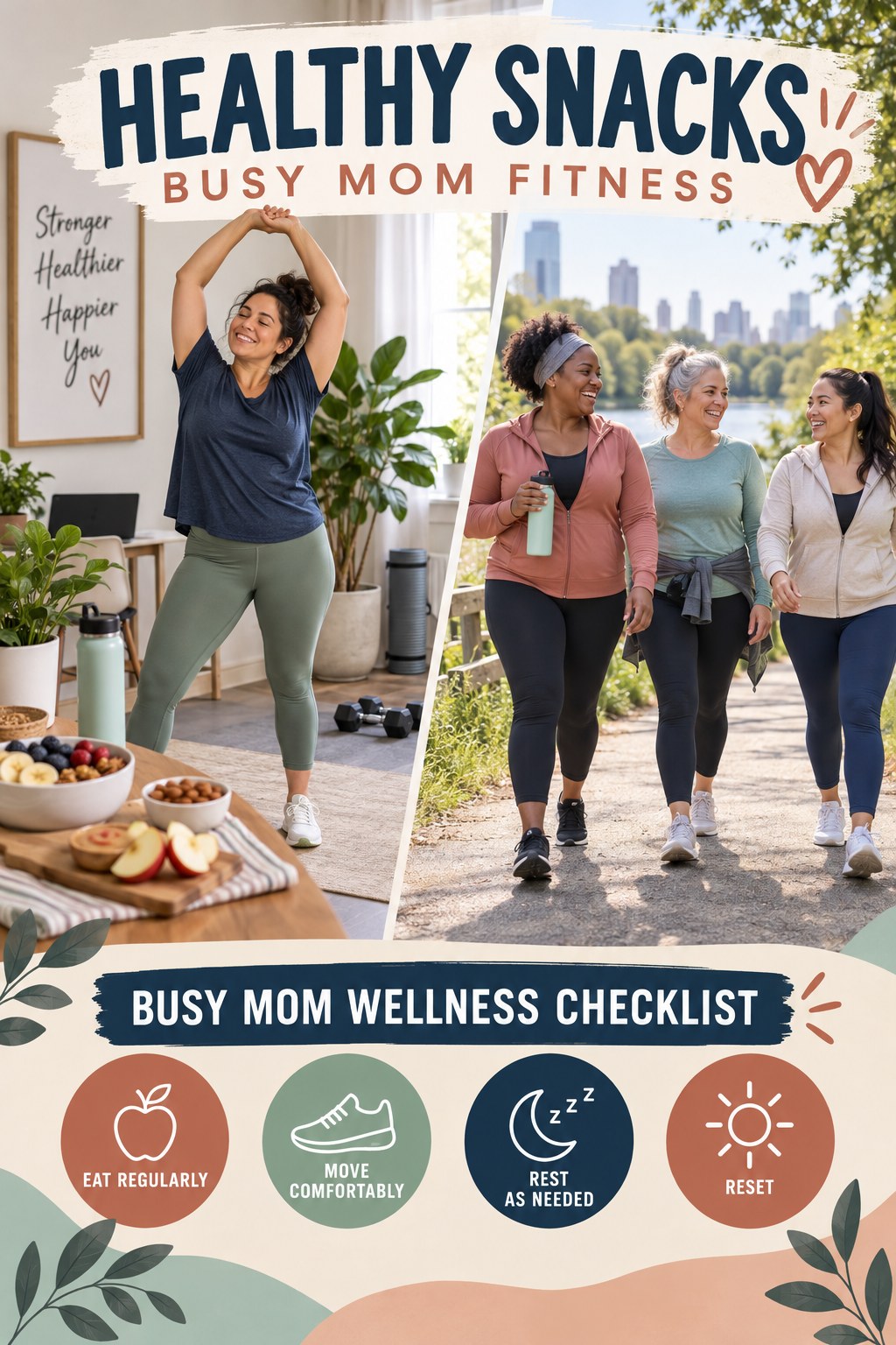 Healthy Snacks busy-mom fitness graphic titled Busy Mom Wellness Checklist with four practical movement prompts.