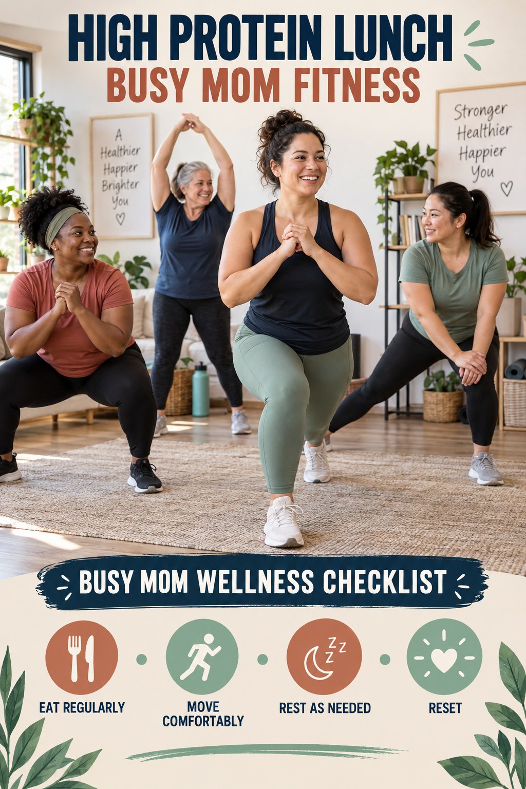 High Protein Lunch busy-mom fitness graphic titled Busy Mom Wellness Checklist with four practical movement prompts.