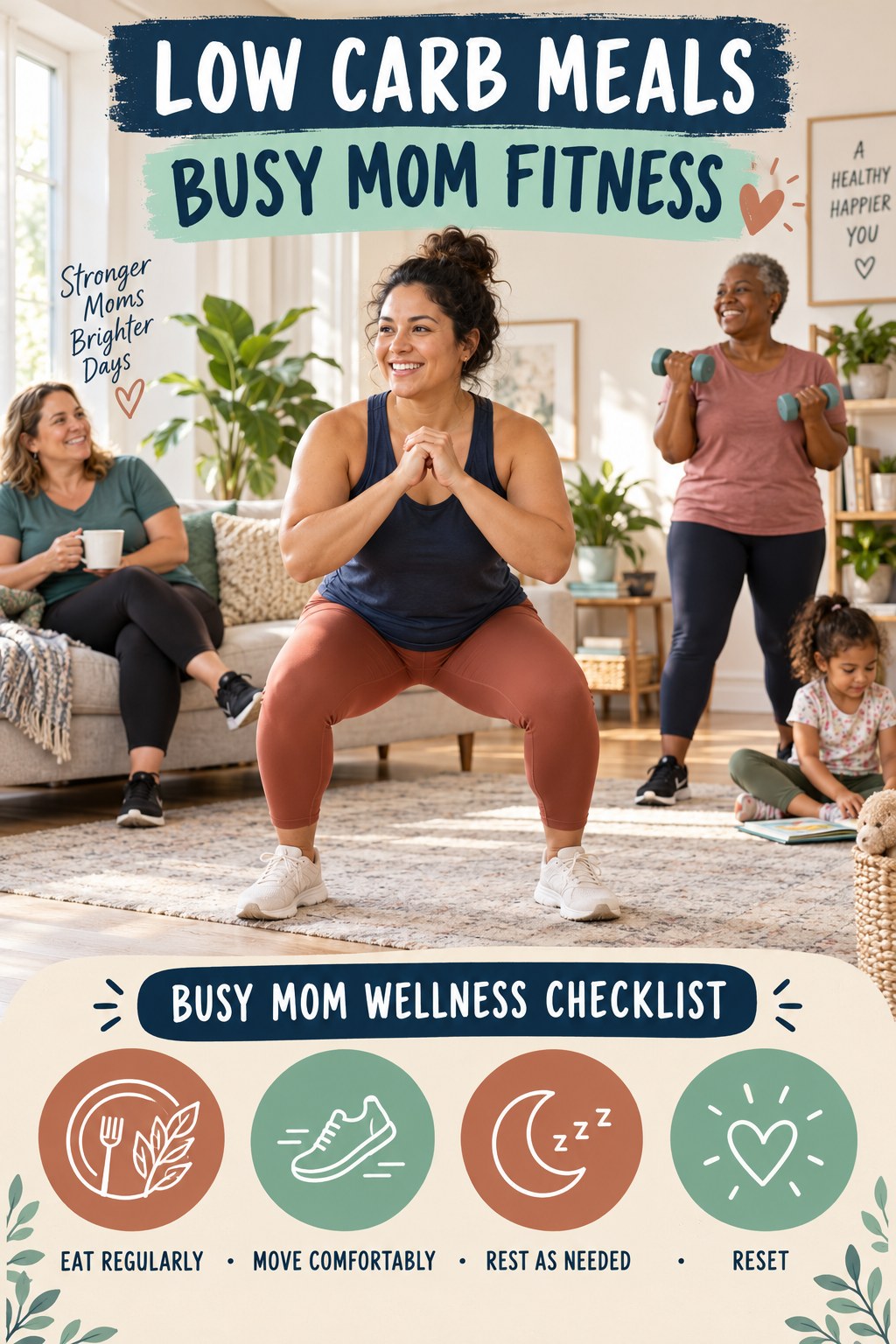 Low Carb Meals busy-mom fitness graphic titled Busy Mom Wellness Checklist with four practical movement prompts.