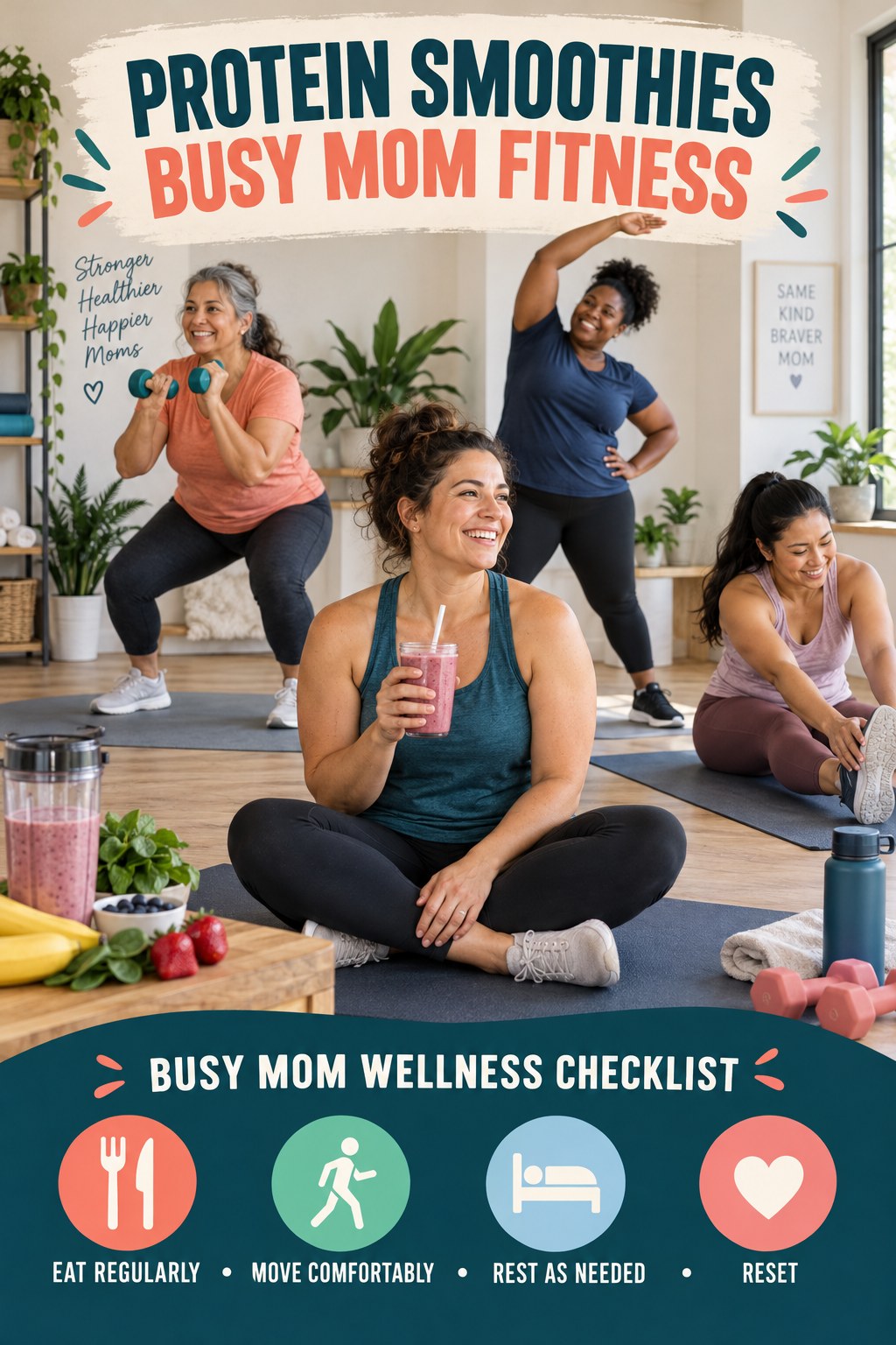 Protein Smoothies busy-mom fitness graphic titled Busy Mom Wellness Checklist with four practical movement prompts.