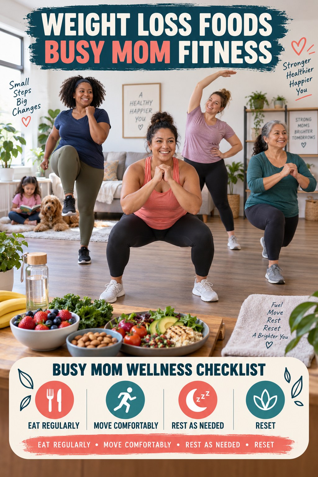 Weight Loss Foods busy-mom fitness graphic titled Busy Mom Wellness Checklist with four practical movement prompts.