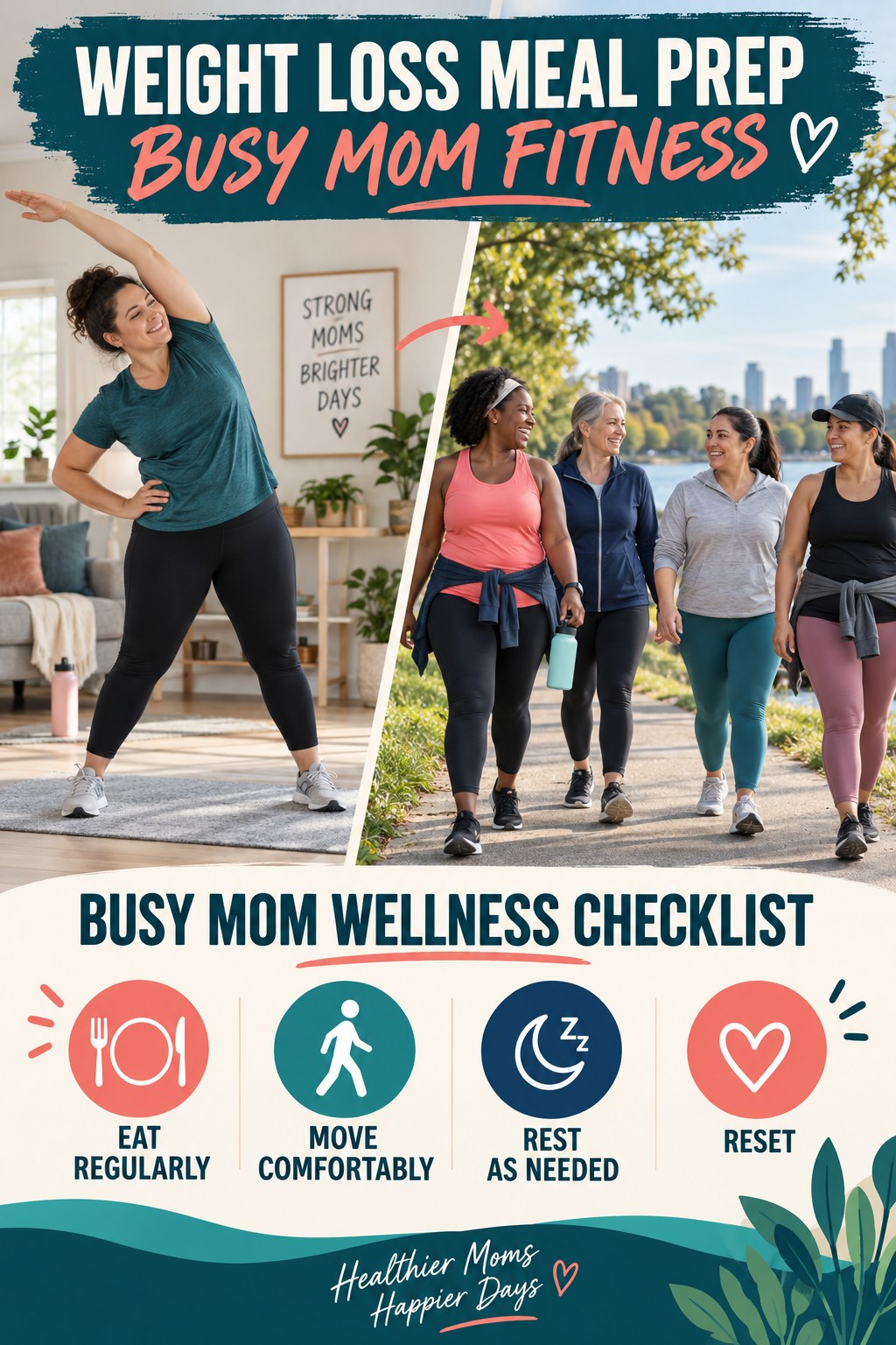 Weight Loss Meal Prep busy-mom fitness graphic titled Busy Mom Wellness Checklist with four practical movement prompts.