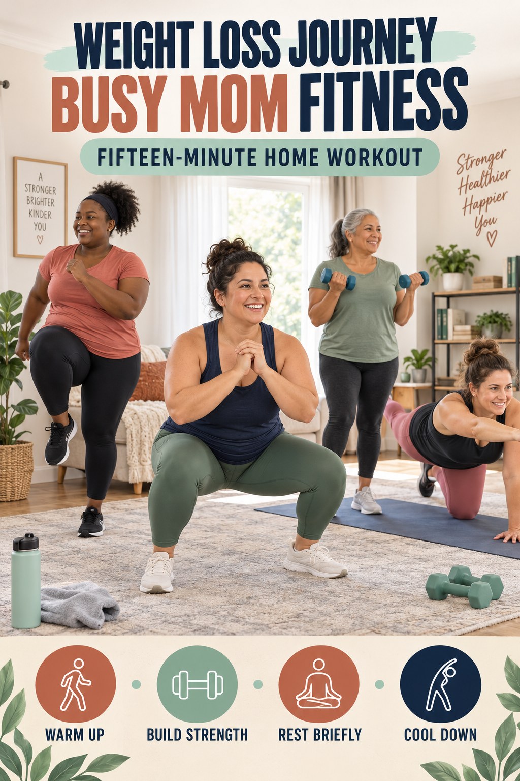 Weight Loss Journey busy-mom fitness graphic titled Fifteen-Minute Home Workout with four practical movement prompts.
