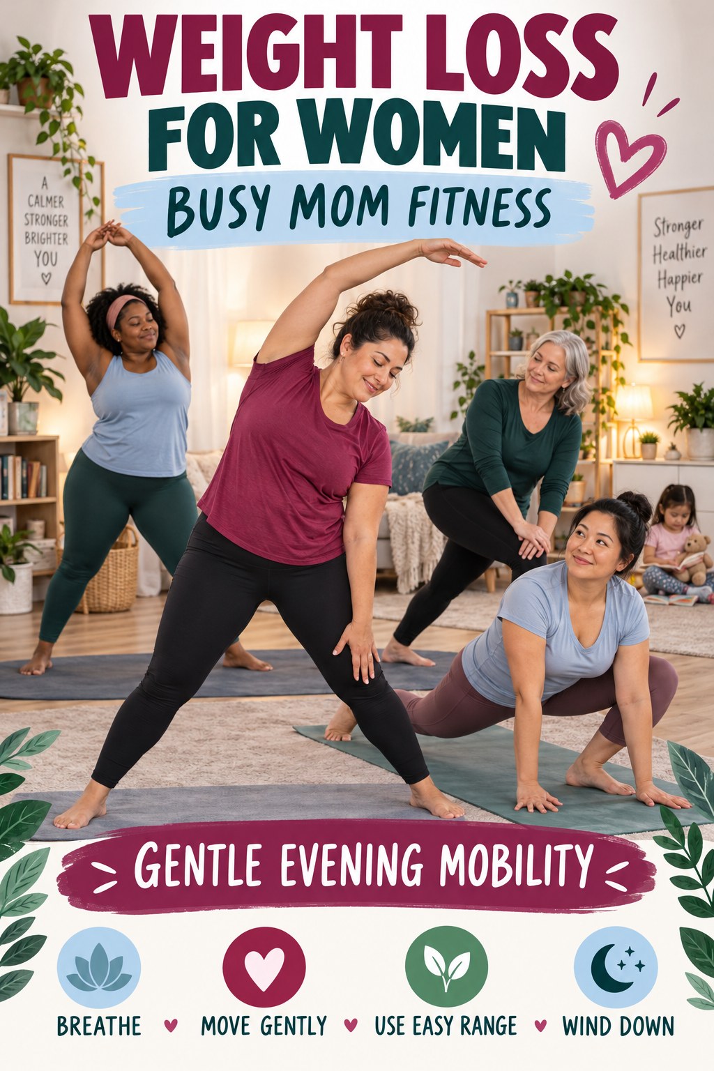 Weight Loss for Women busy-mom fitness graphic titled Gentle Evening Mobility with four practical movement prompts.