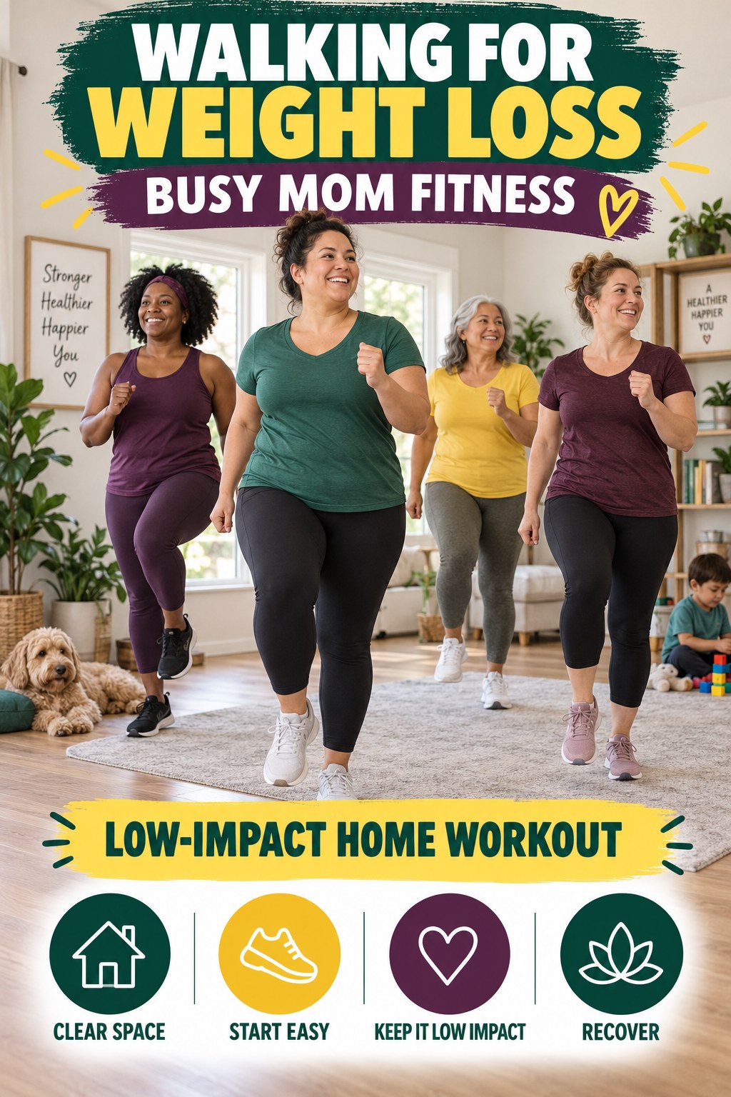 Walking for Weight Loss busy-mom fitness graphic titled Low-Impact Home Workout with four practical movement prompts.