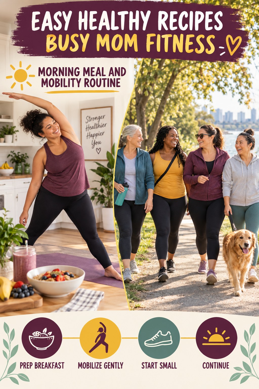 Easy Healthy Recipes busy-mom fitness graphic titled Morning Meal and Mobility Routine with four practical movement prompts.
