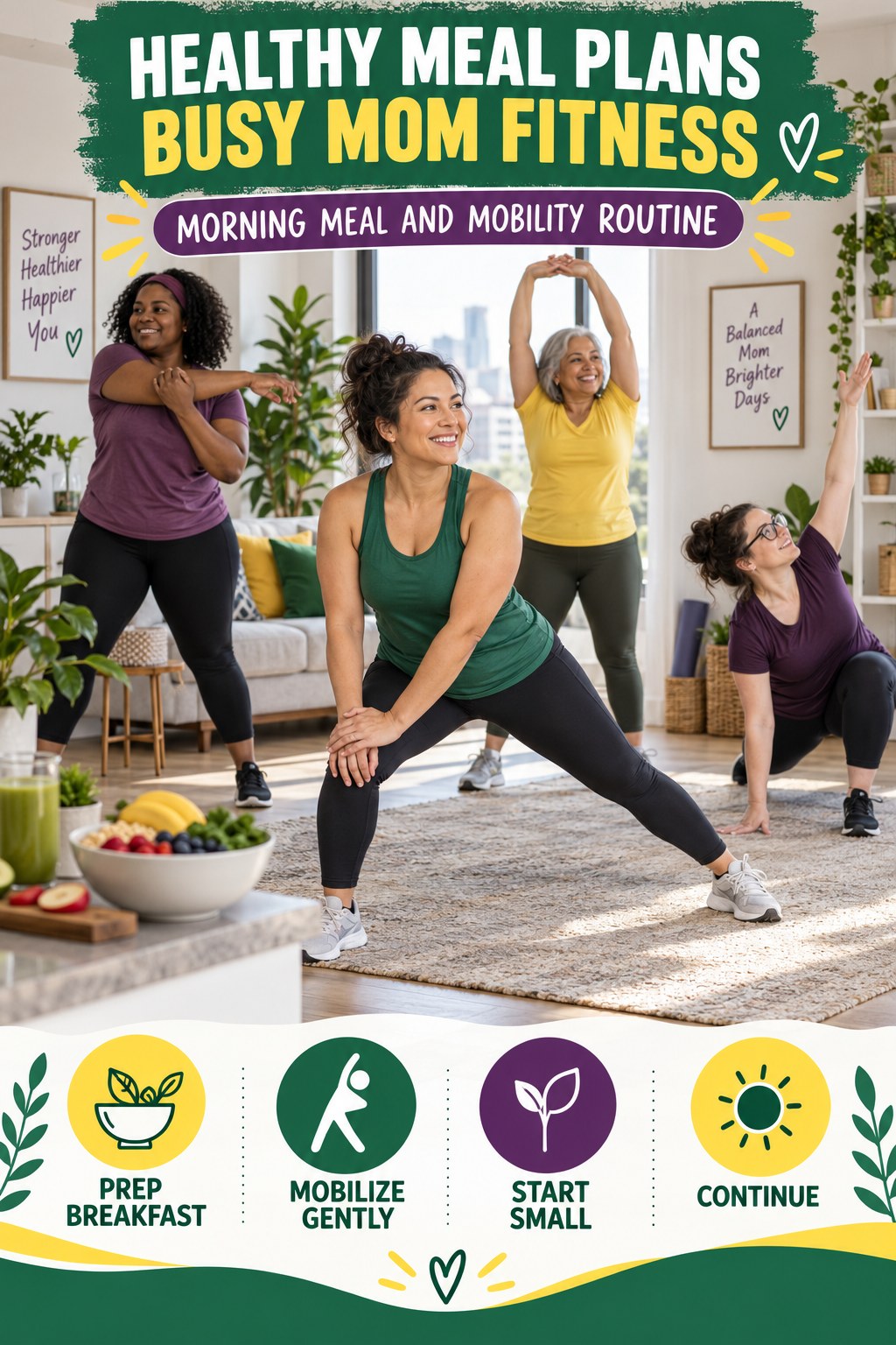 Healthy Meal Plans busy-mom fitness graphic titled Morning Meal and Mobility Routine with four practical movement prompts.