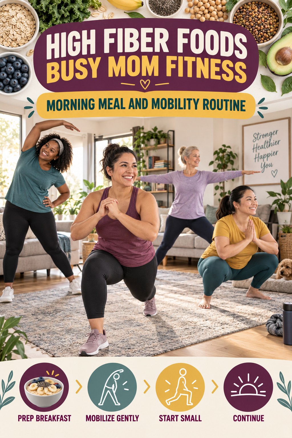 High Fiber Foods busy-mom fitness graphic titled Morning Meal and Mobility Routine with four practical movement prompts.