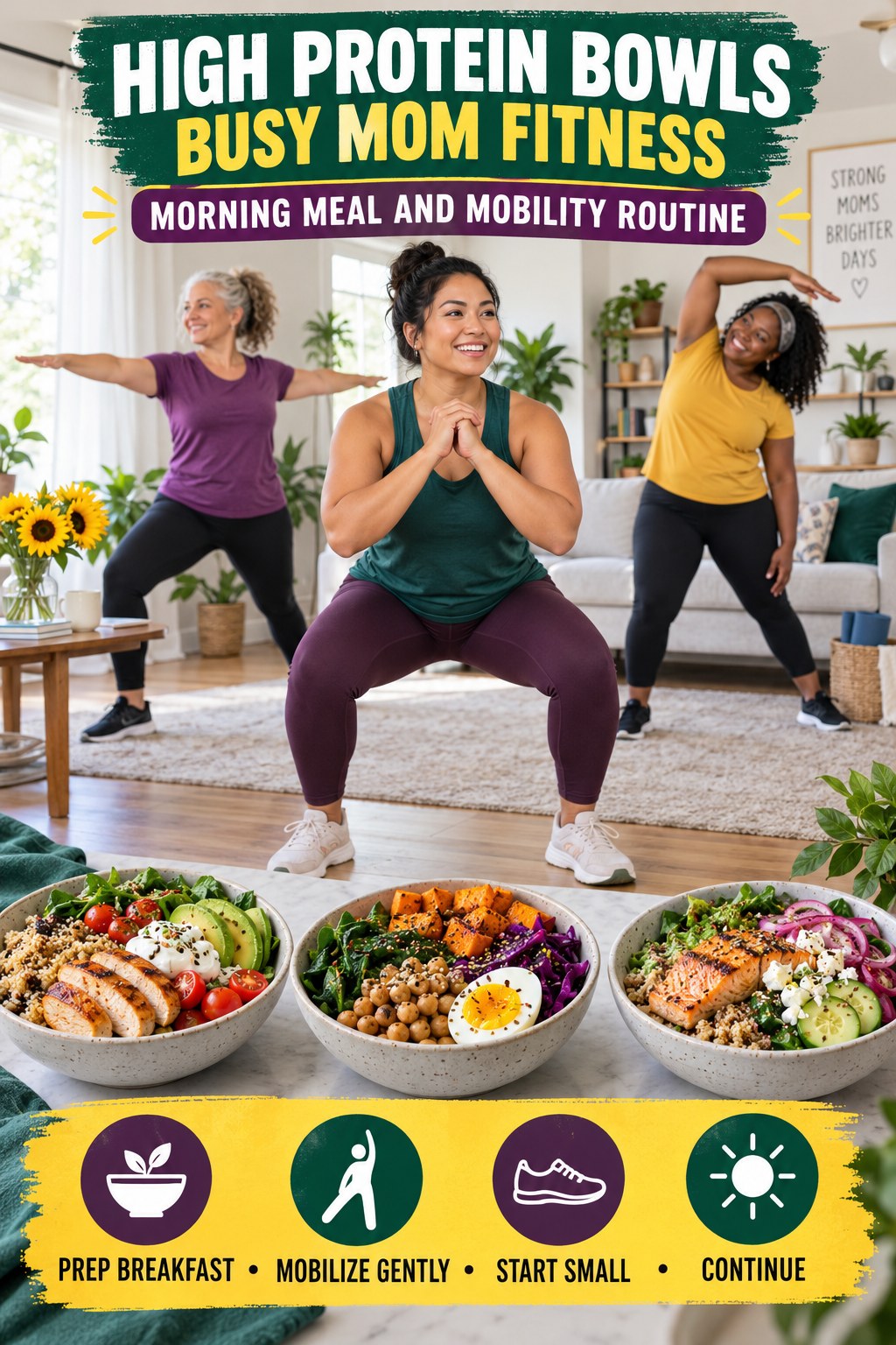 High Protein Bowls busy-mom fitness graphic titled Morning Meal and Mobility Routine with four practical movement prompts.