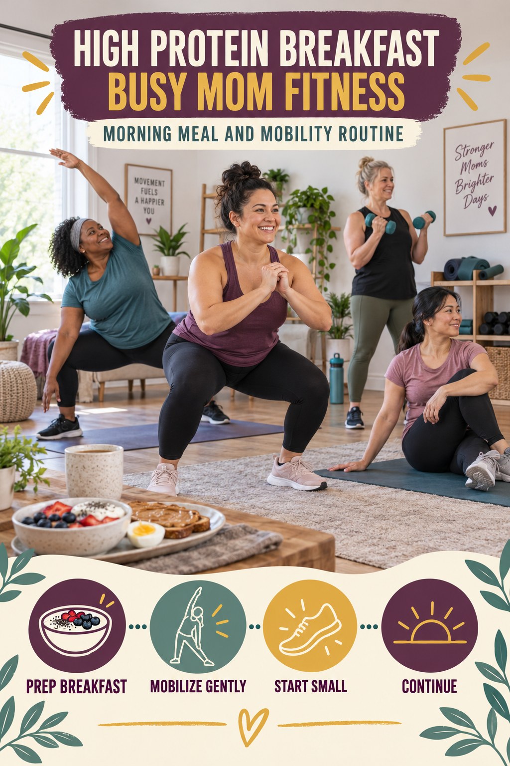 High Protein Breakfast busy-mom fitness graphic titled Morning Meal and Mobility Routine with four practical movement prompts.
