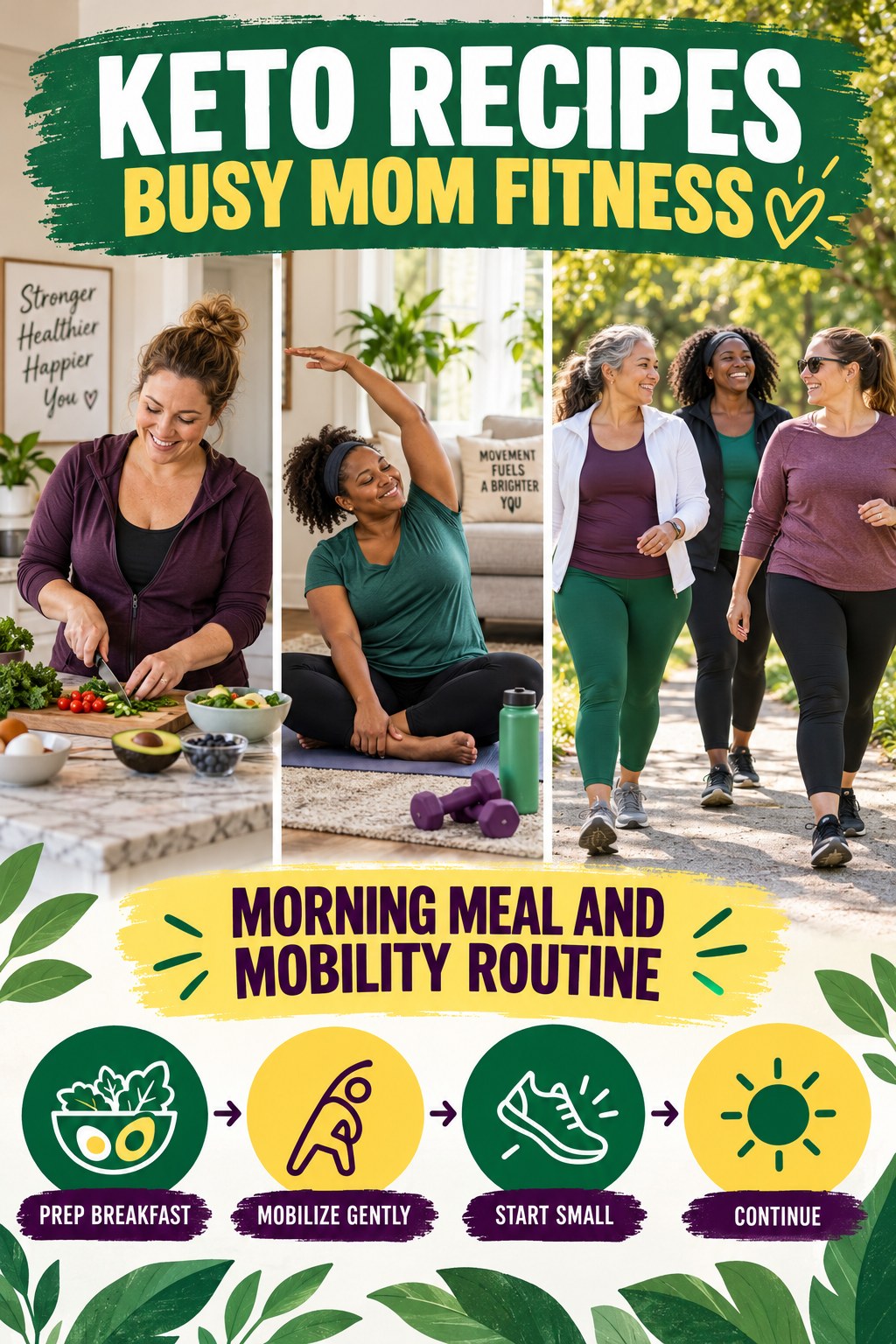 Keto Recipes busy-mom fitness graphic titled Morning Meal and Mobility Routine with four practical movement prompts.