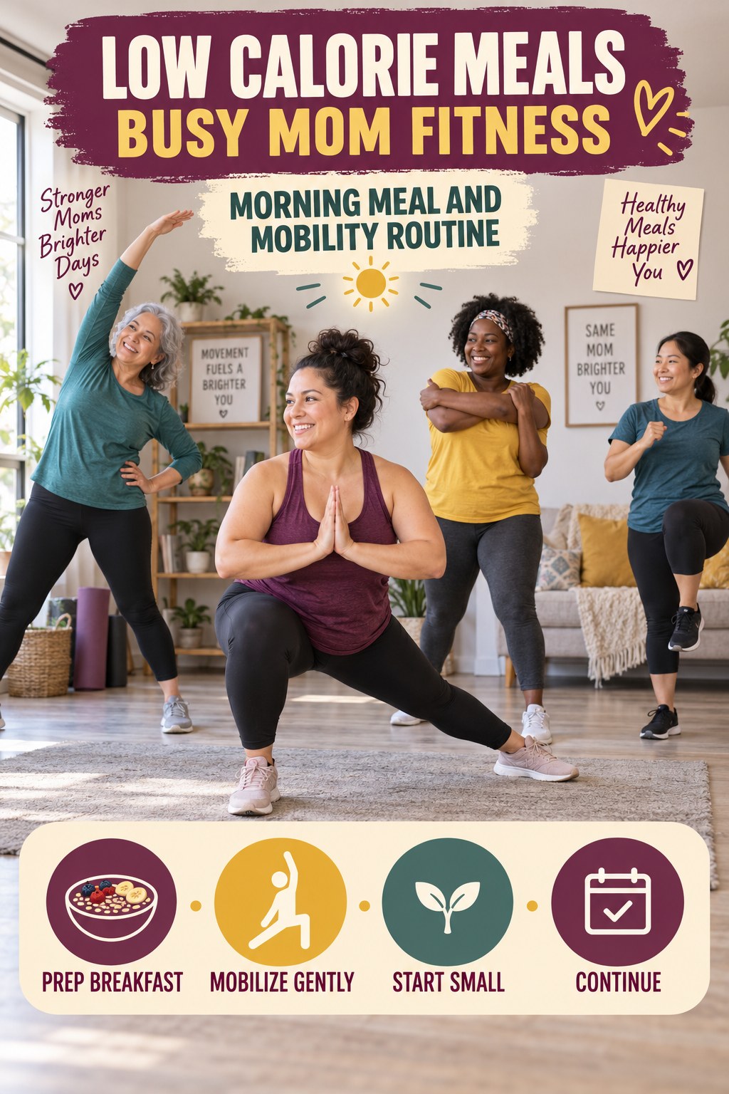 Low Calorie Meals busy-mom fitness graphic titled Morning Meal and Mobility Routine with four practical movement prompts.