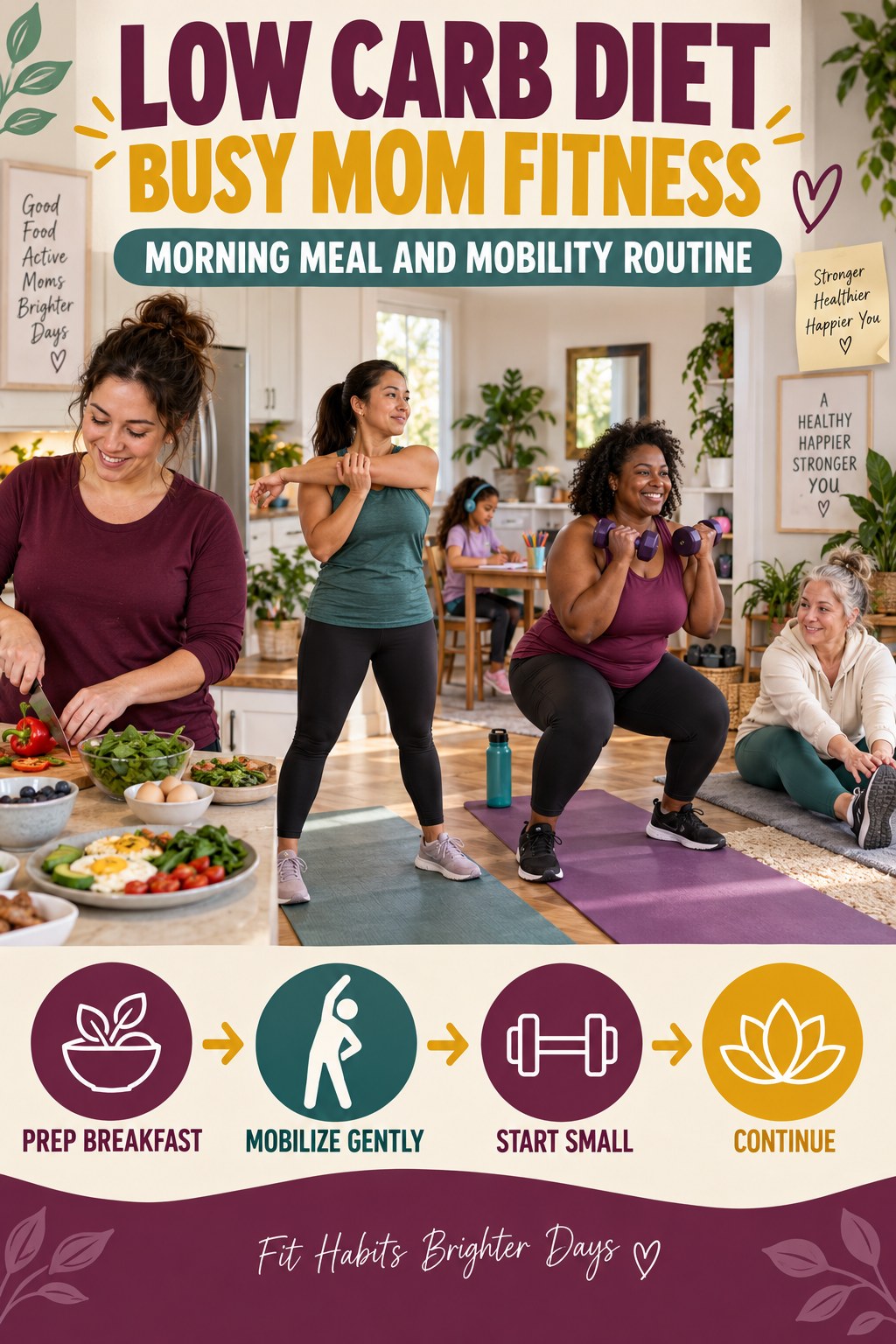 Low Carb Diet busy-mom fitness graphic titled Morning Meal and Mobility Routine with four practical movement prompts.