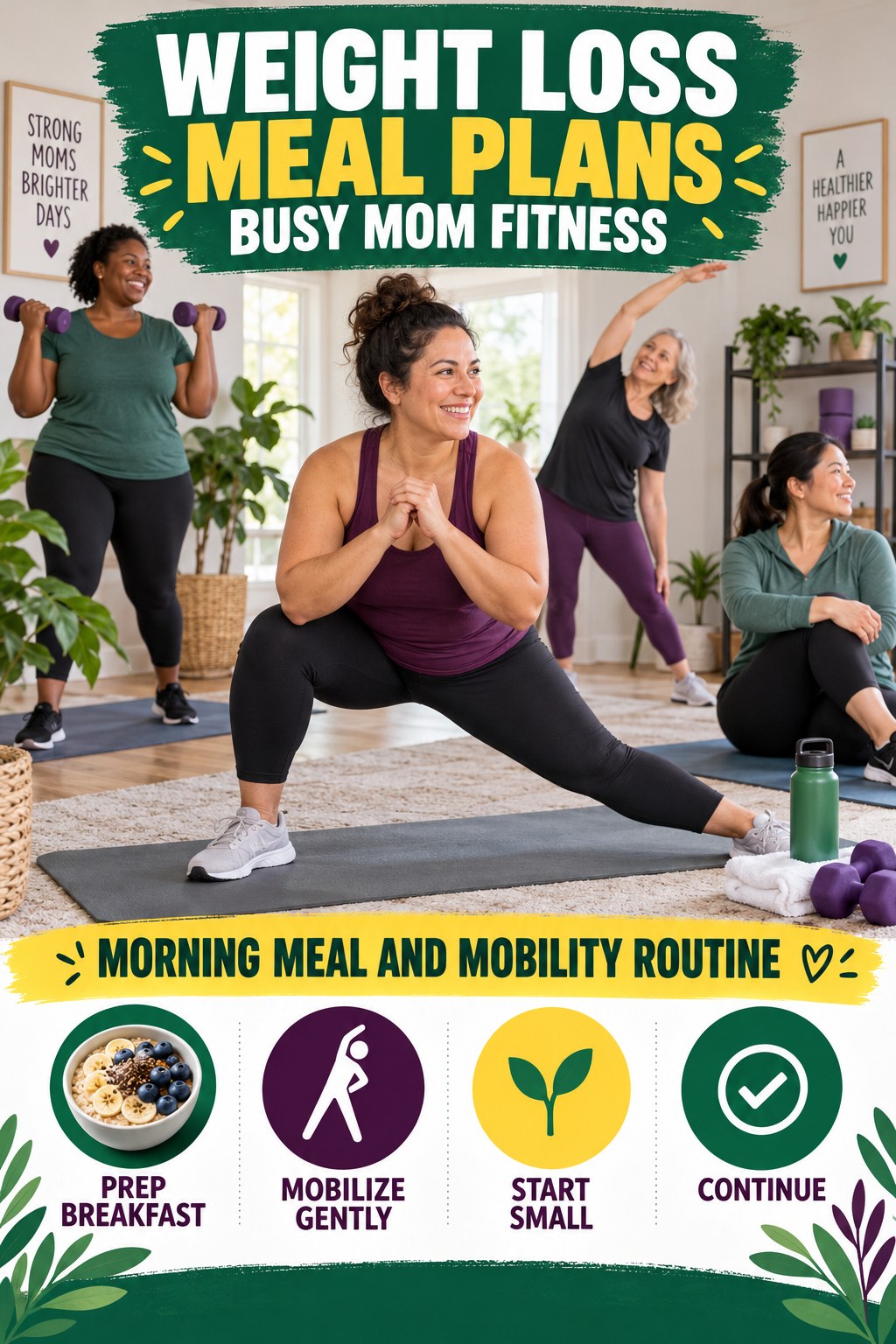 Weight Loss Meal Plans busy-mom fitness graphic titled Morning Meal and Mobility Routine with four practical movement prompts.