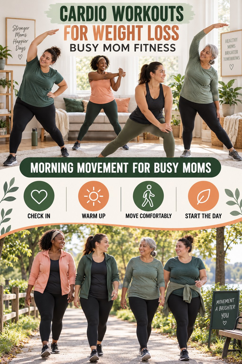 Cardio Workouts for Weight Loss busy-mom fitness graphic titled Morning Movement for Busy Moms with four practical movement prompts.