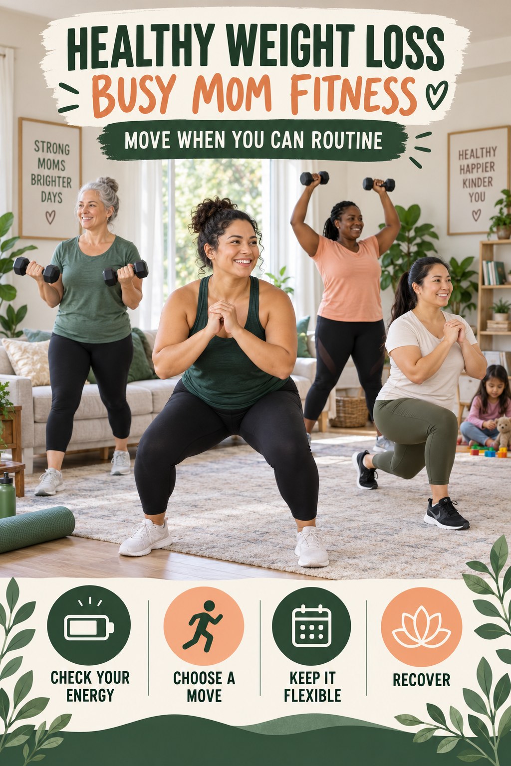 Healthy Weight Loss busy-mom fitness graphic titled Move When You Can Routine with four practical movement prompts.