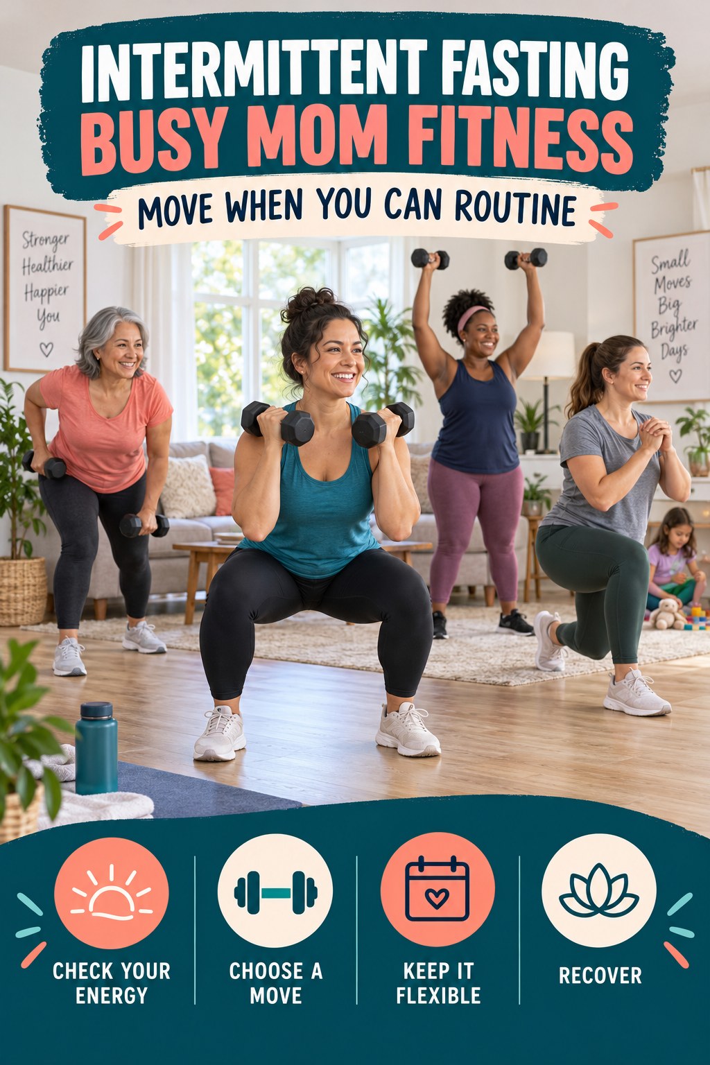 Intermittent Fasting busy-mom fitness graphic titled Move When You Can Routine with four practical movement prompts.